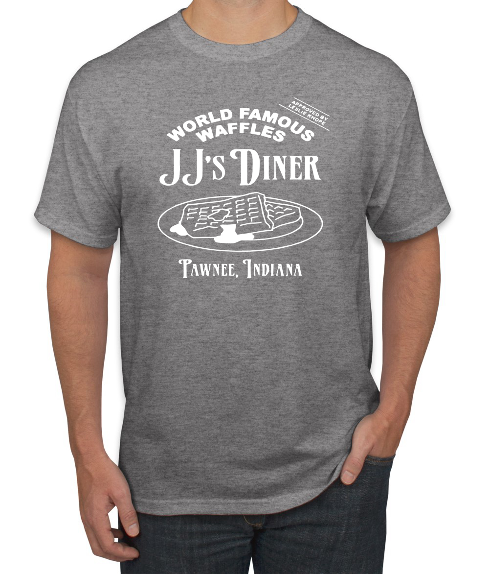 JJs Diner Indiana World Famous Waffles by Leslie Men Parks and Rec Tshirt