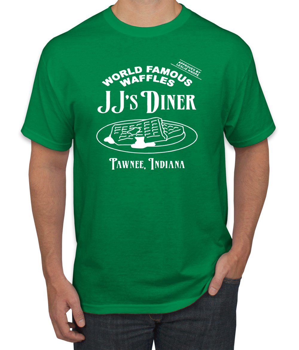 JJs Diner Indiana World Famous Waffles by Leslie Men Parks and Rec Tshirt