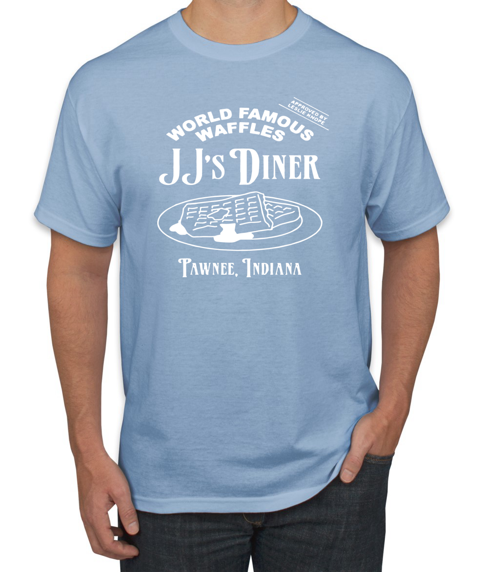 JJs Diner Indiana World Famous Waffles by Leslie Men Parks and Rec Tshirt