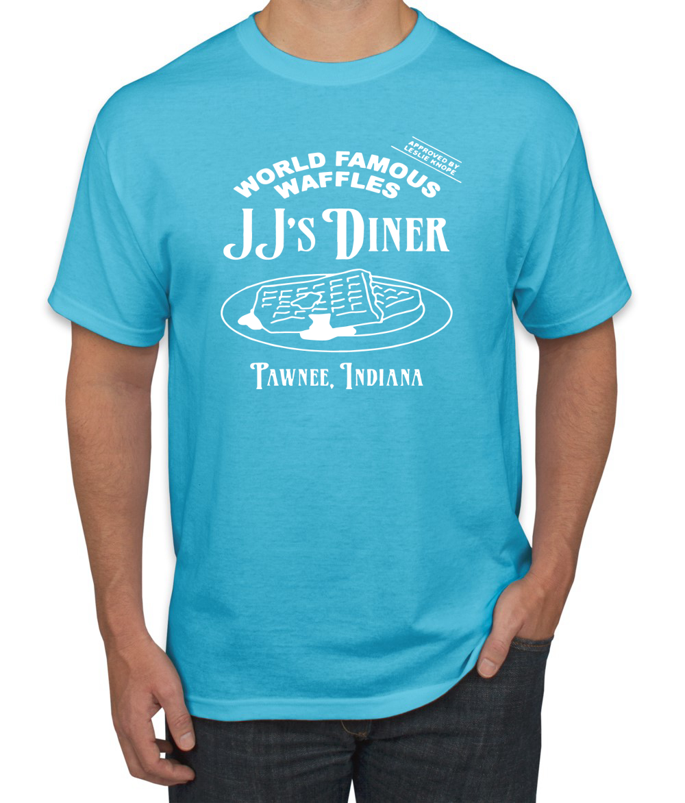 JJs Diner Indiana World Famous Waffles by Leslie Men Parks and Rec Tshirt