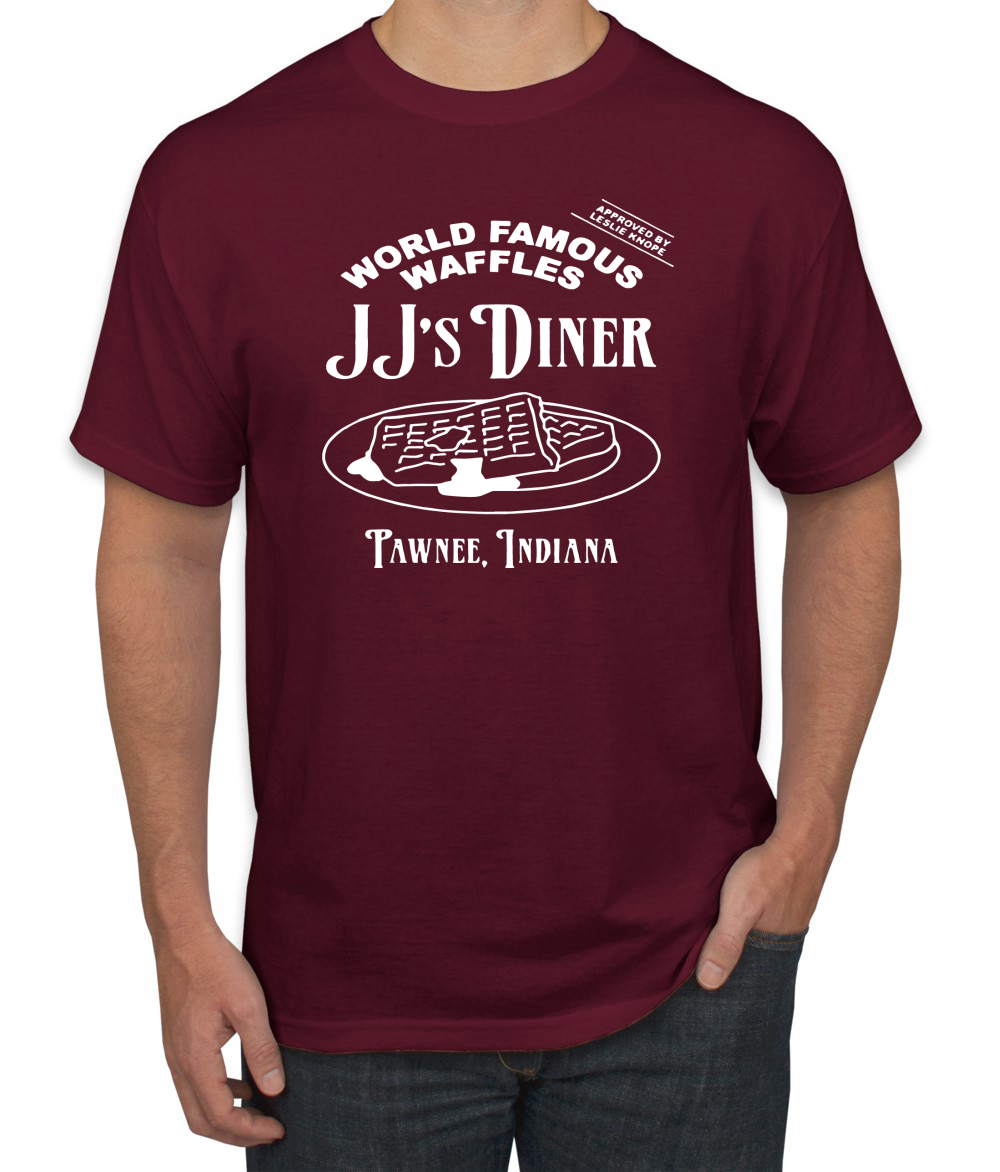 JJs Diner Indiana World Famous Waffles by Leslie Men Parks and Rec Tshirt