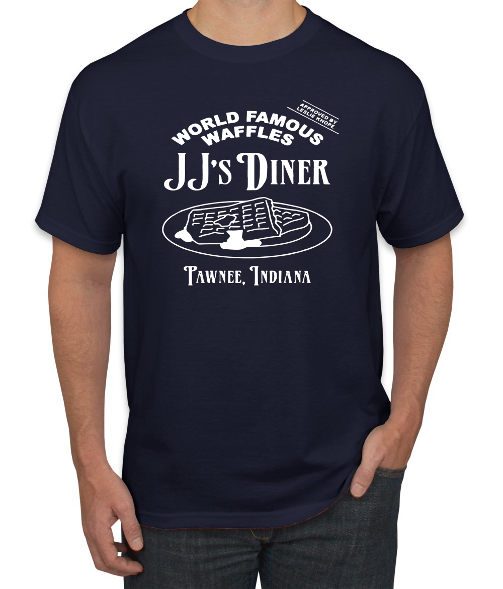 JJs Diner Indiana World Famous Waffles by Leslie Men Parks and Rec Tshirt