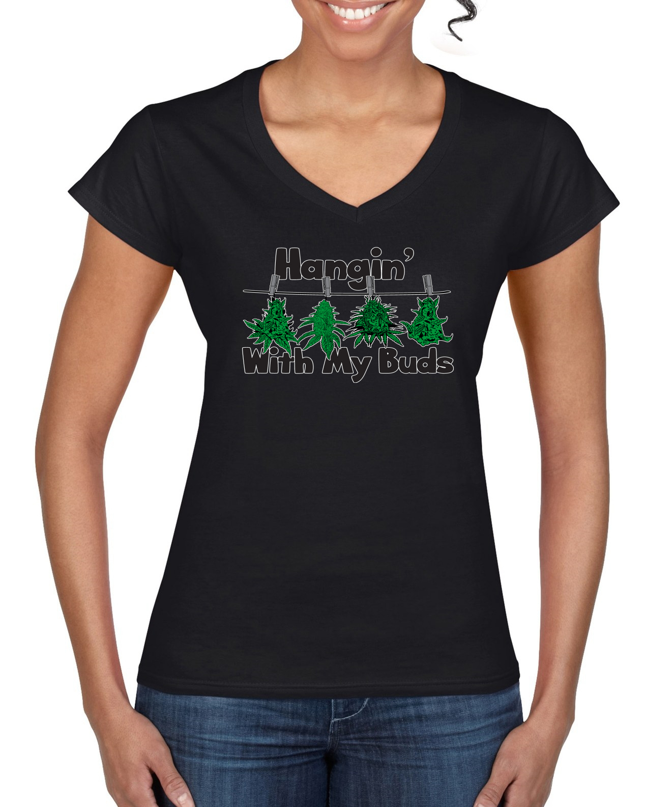 Camiseta Hangin with My Buds THC Marihuana CBD Hierba Mujer Estándar Cuello en V - Imagen 3 de 8