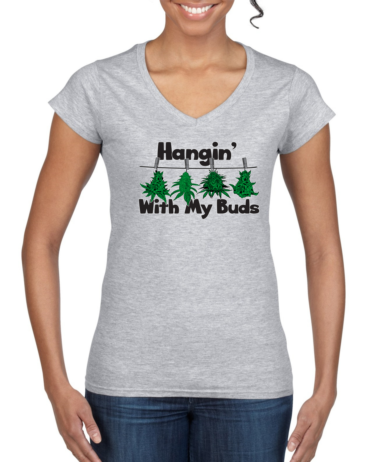 Camiseta Hangin with My Buds THC Marihuana CBD Hierba Mujer Estándar Cuello en V - Imagen 4 de 8
