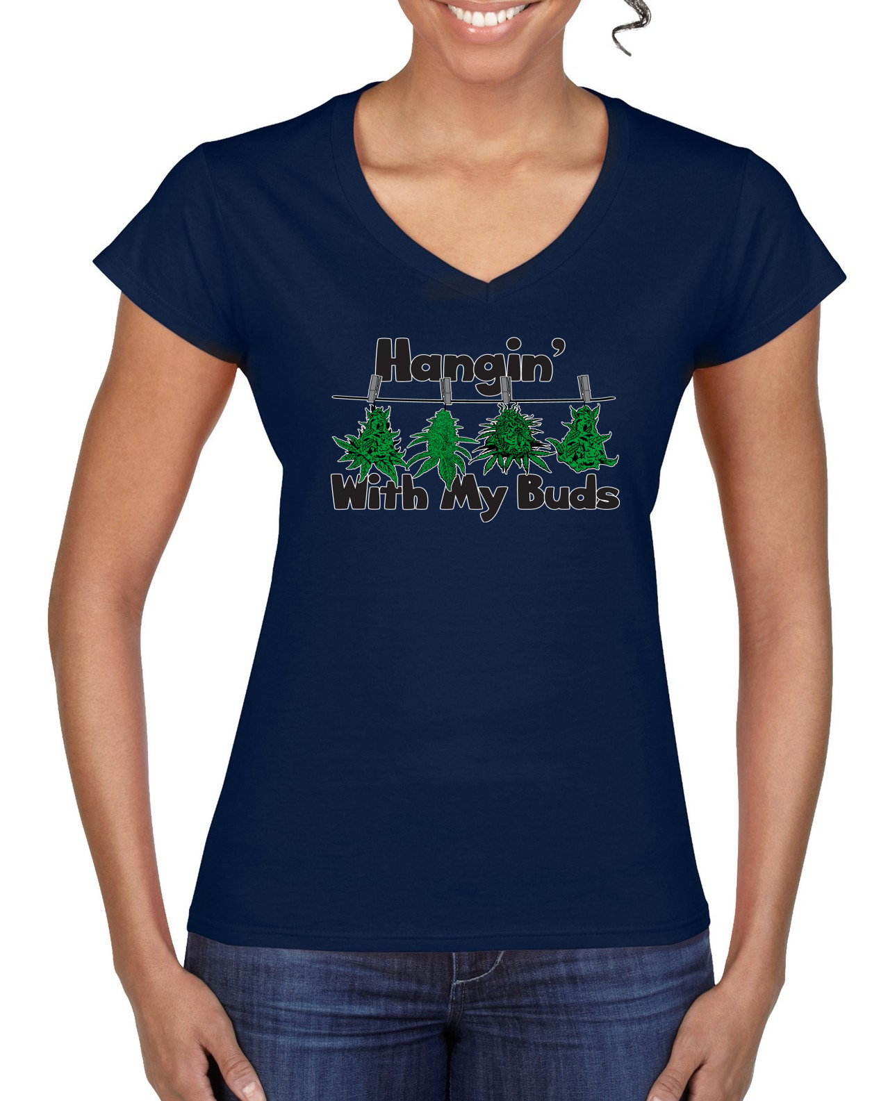 Camiseta Hangin with My Buds THC Marihuana CBD Hierba Mujer Estándar Cuello en V - Imagen 5 de 8