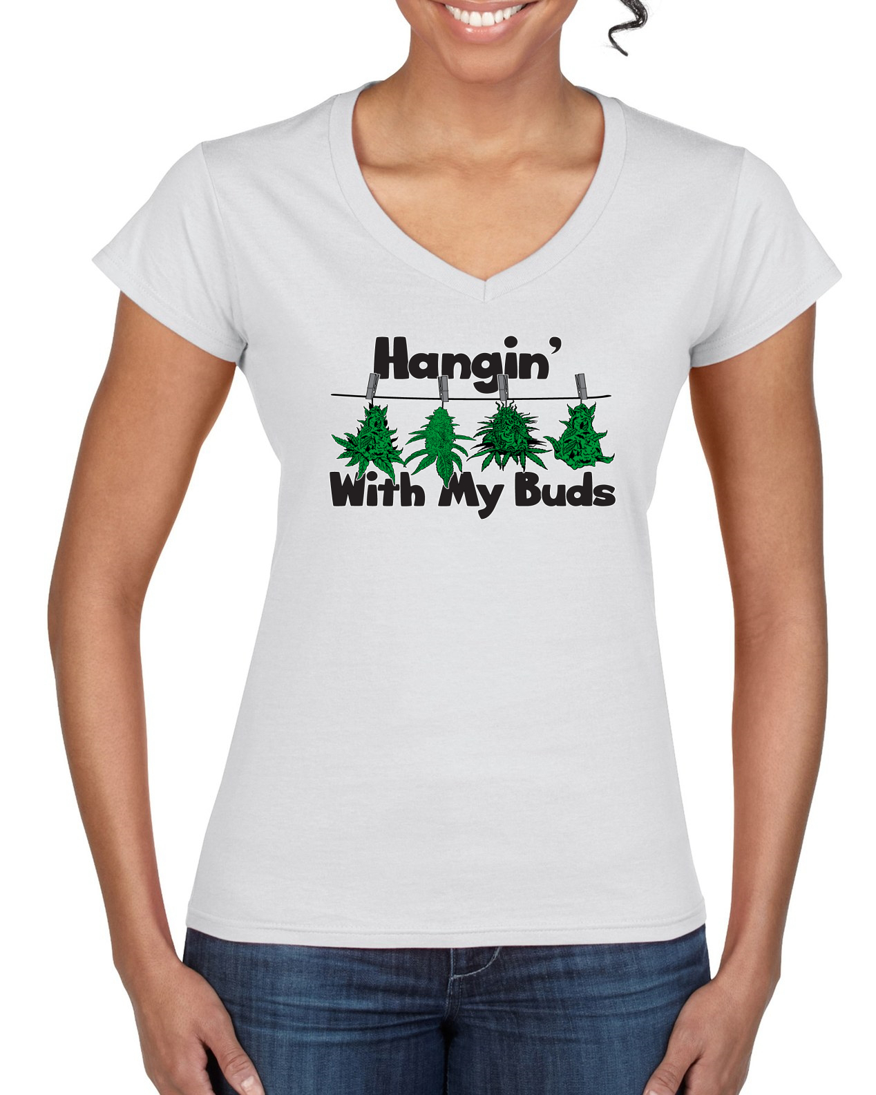 Camiseta Hangin with My Buds THC Marihuana CBD Hierba Mujer Estándar Cuello en V - Imagen 8 de 8