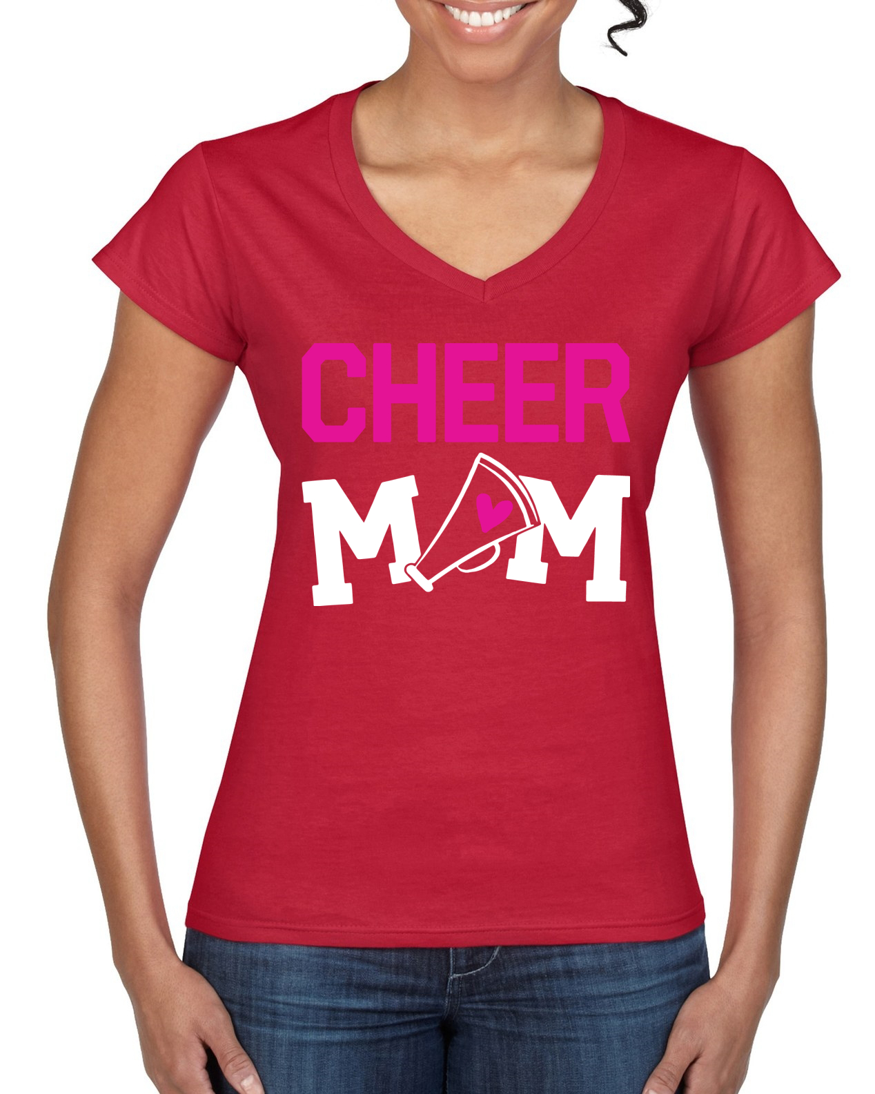 Cheer Mom Kinder Super-Fan Liebe rosa Herz Damen Standard V-Ausschnitt T-Shirt - Bild 6 von 8