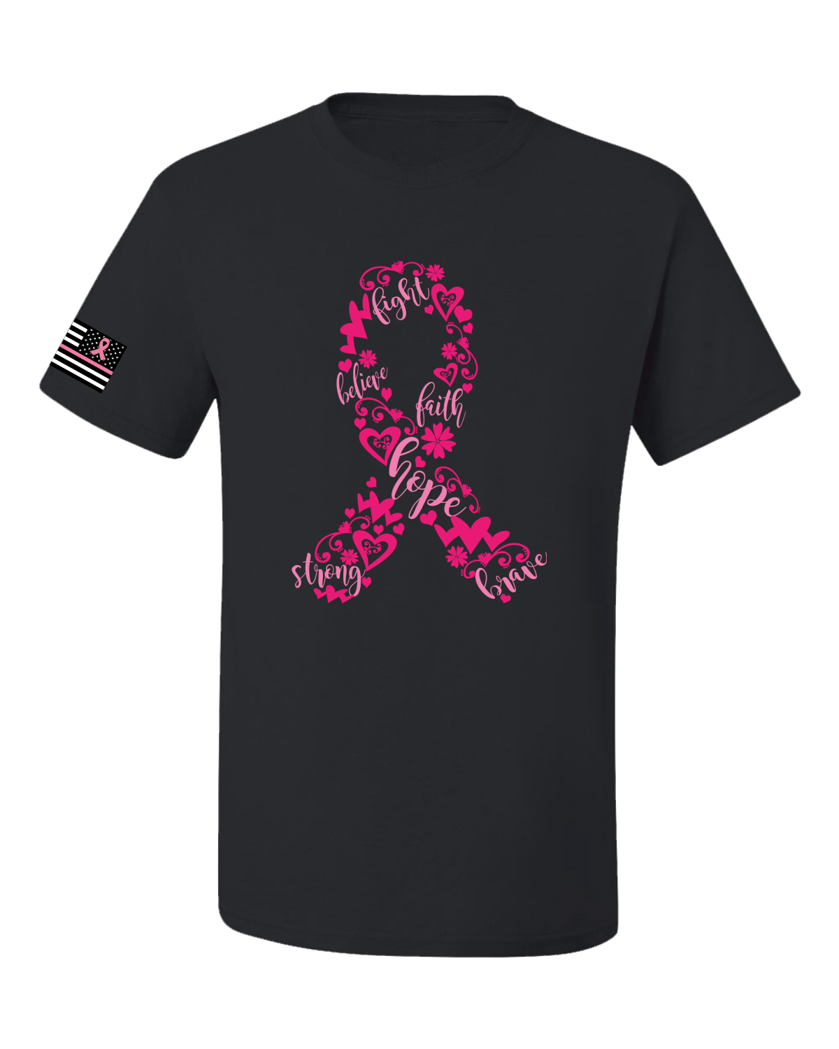 Collection Designs Breast Cancer Awareness US Flag Pride Unisex Black T-Shirt