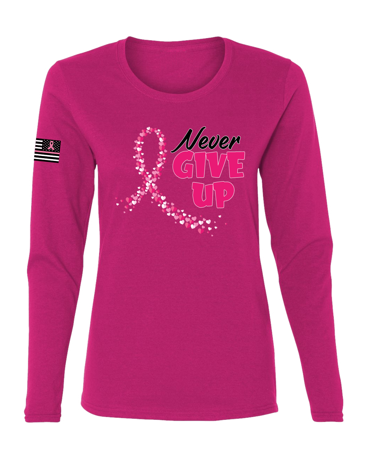 Collection Designs Breast Cancer Awareness USA Flag Women Pink Long Sleeve - Picture 4 of 22