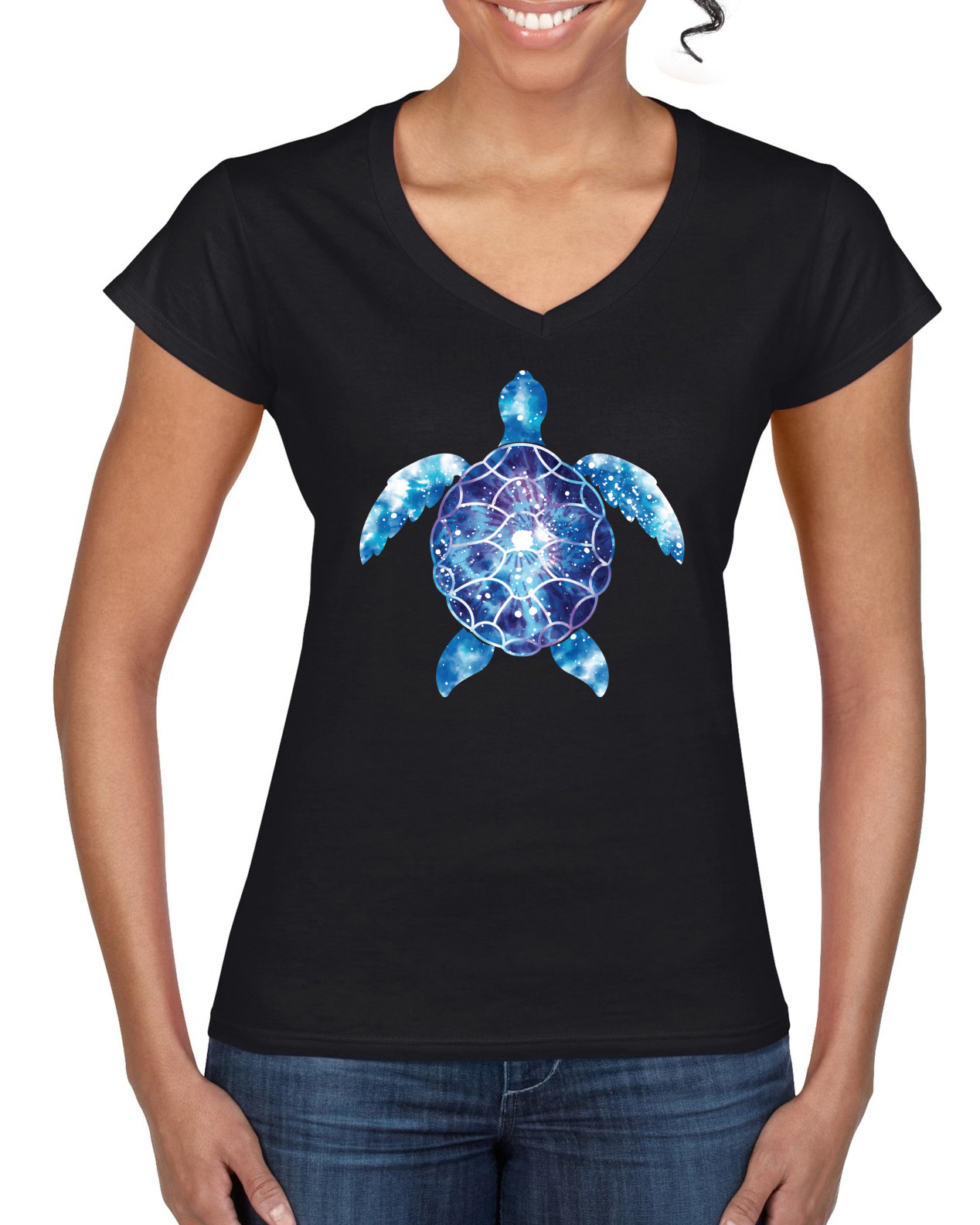 Meeresschildkröte Batik Kunst Tiere Frauen Standard V-Ausschnitt T-Shirt - Bild 3 von 8
