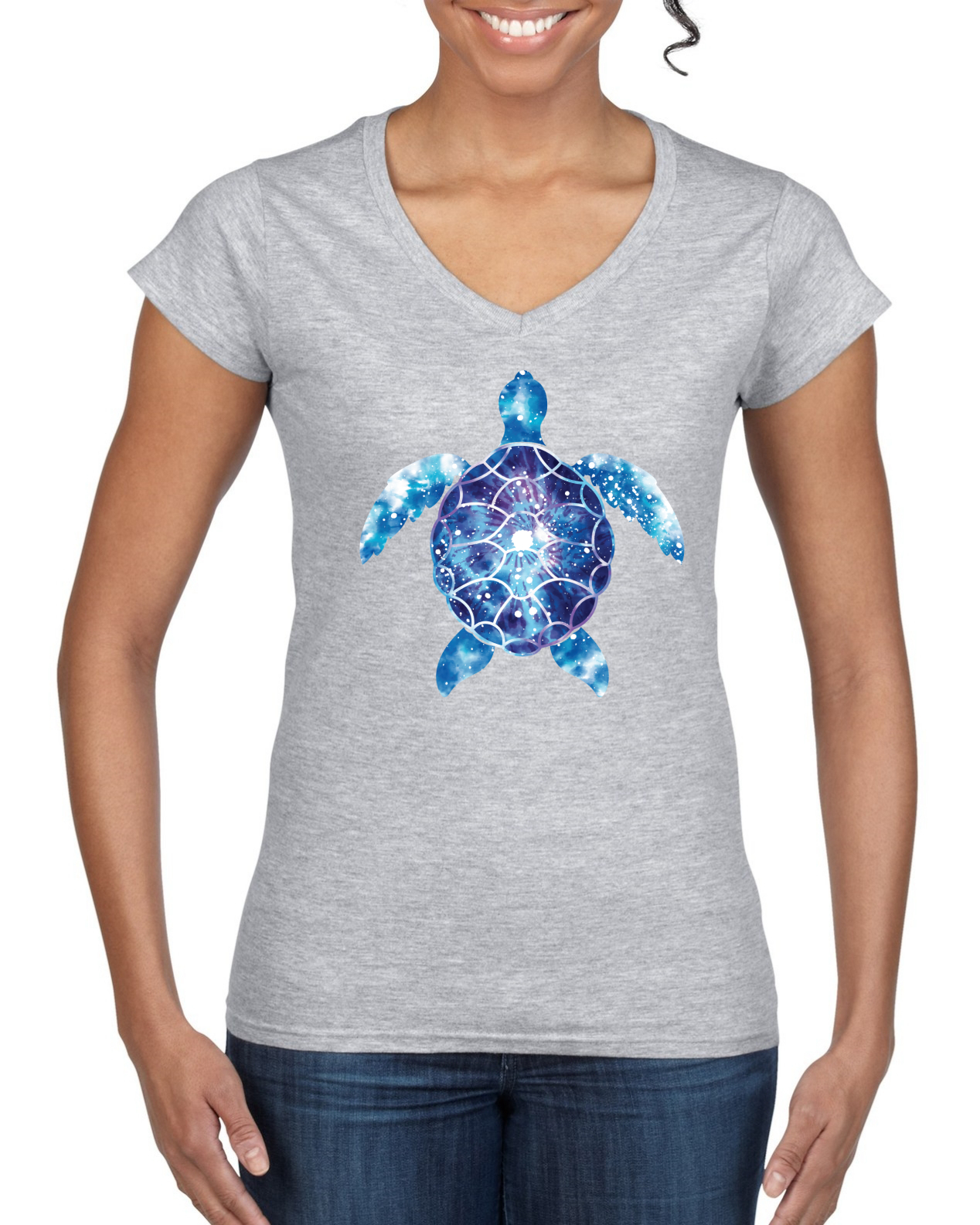 Meeresschildkröte Batik Kunst Tiere Frauen Standard V-Ausschnitt T-Shirt - Bild 4 von 8