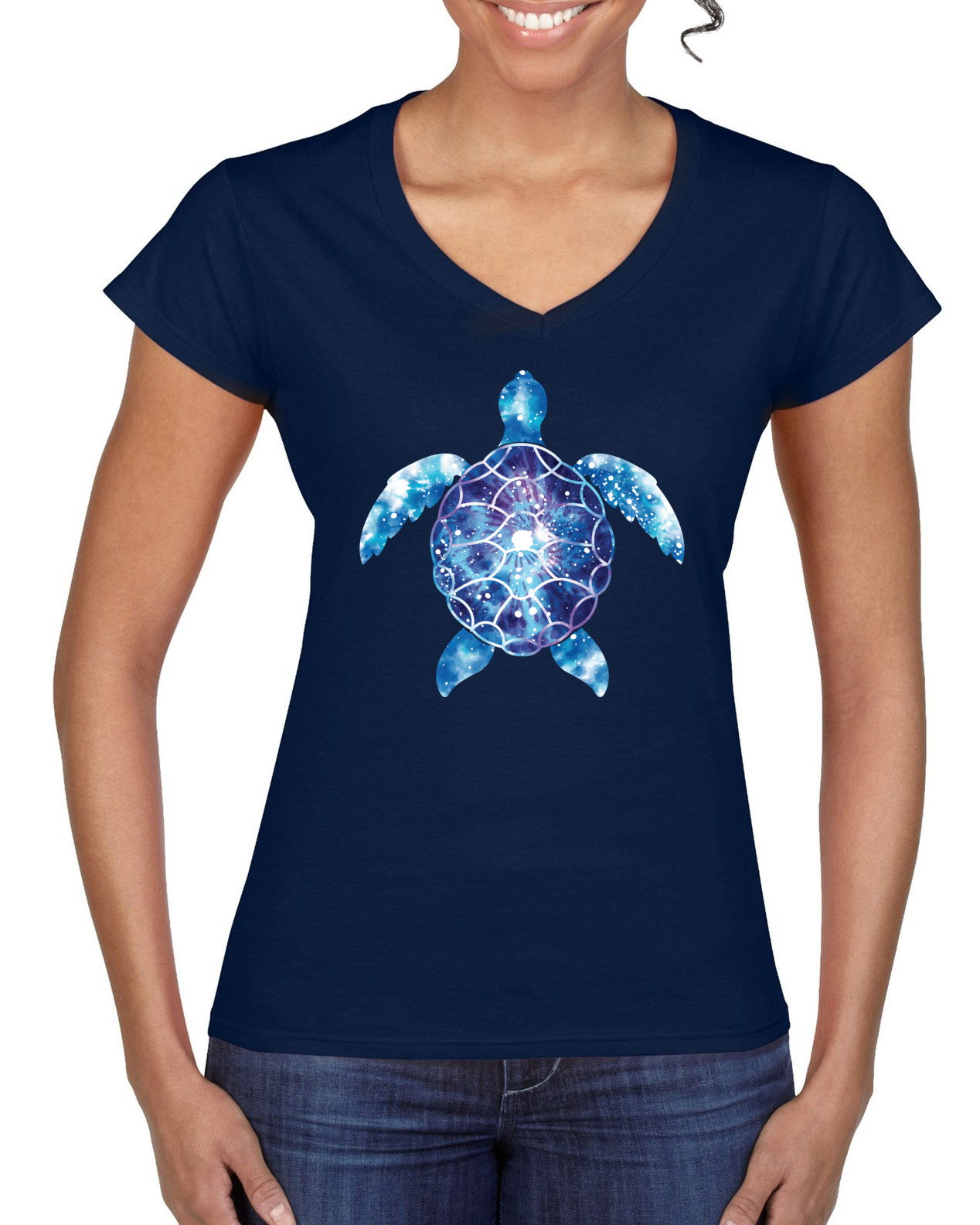 Meeresschildkröte Batik Kunst Tiere Frauen Standard V-Ausschnitt T-Shirt - Bild 5 von 8