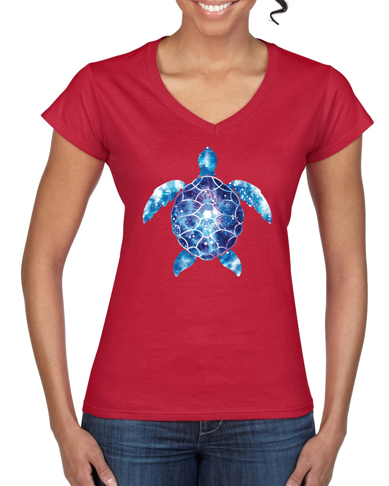 Meeresschildkröte Batik Kunst Tiere Frauen Standard V-Ausschnitt T-Shirt - Bild 6 von 8