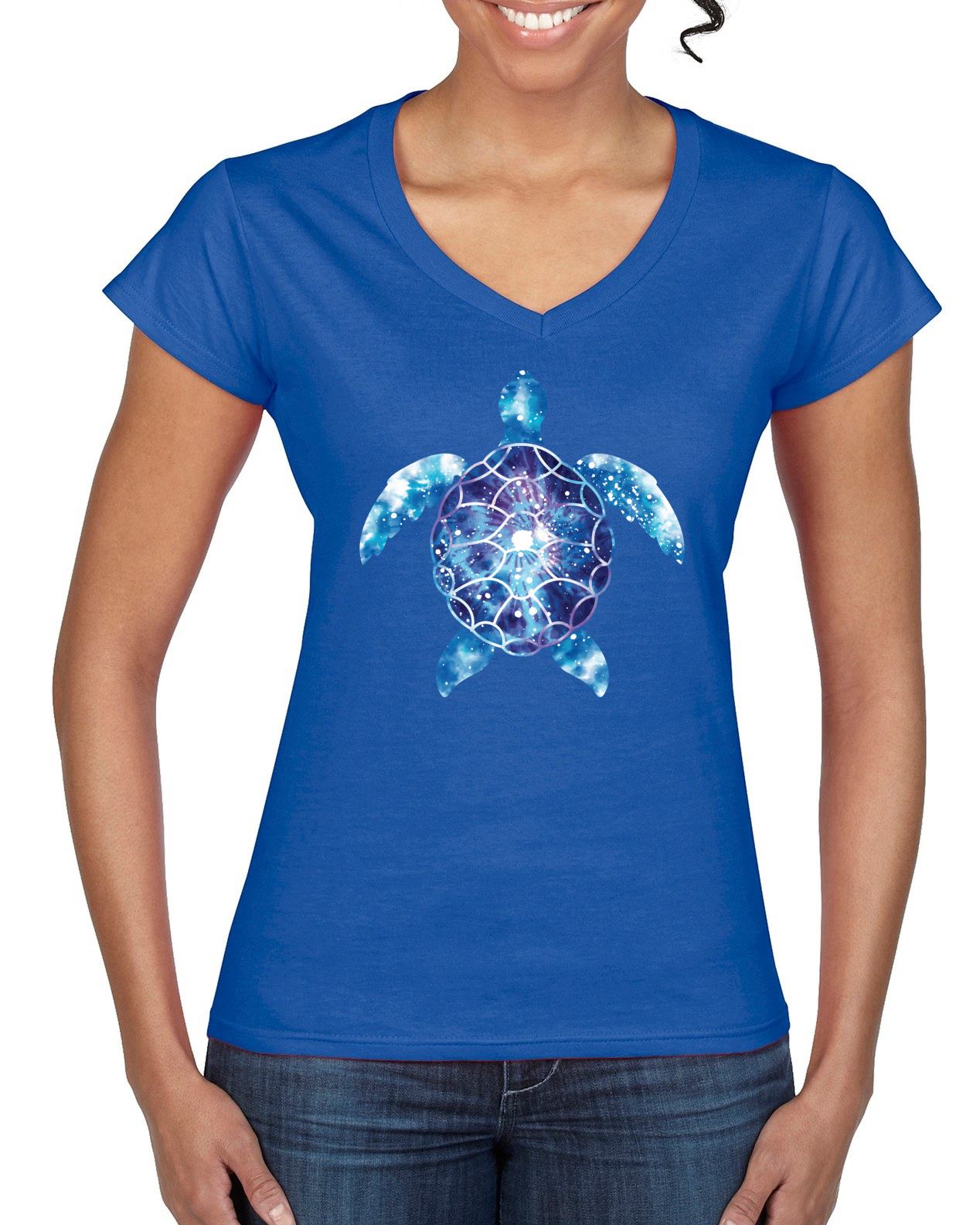 Meeresschildkröte Batik Kunst Tiere Frauen Standard V-Ausschnitt T-Shirt - Bild 7 von 8