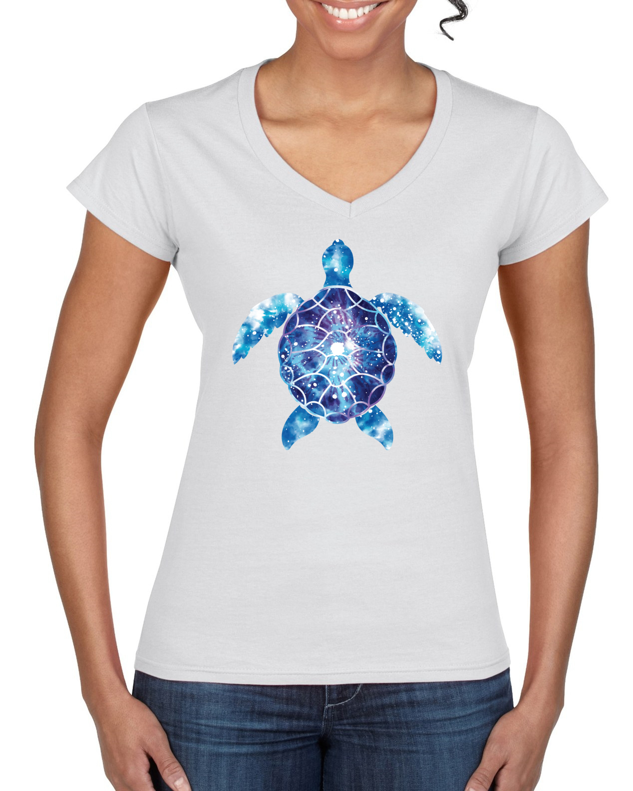 Meeresschildkröte Batik Kunst Tiere Frauen Standard V-Ausschnitt T-Shirt - Bild 8 von 8