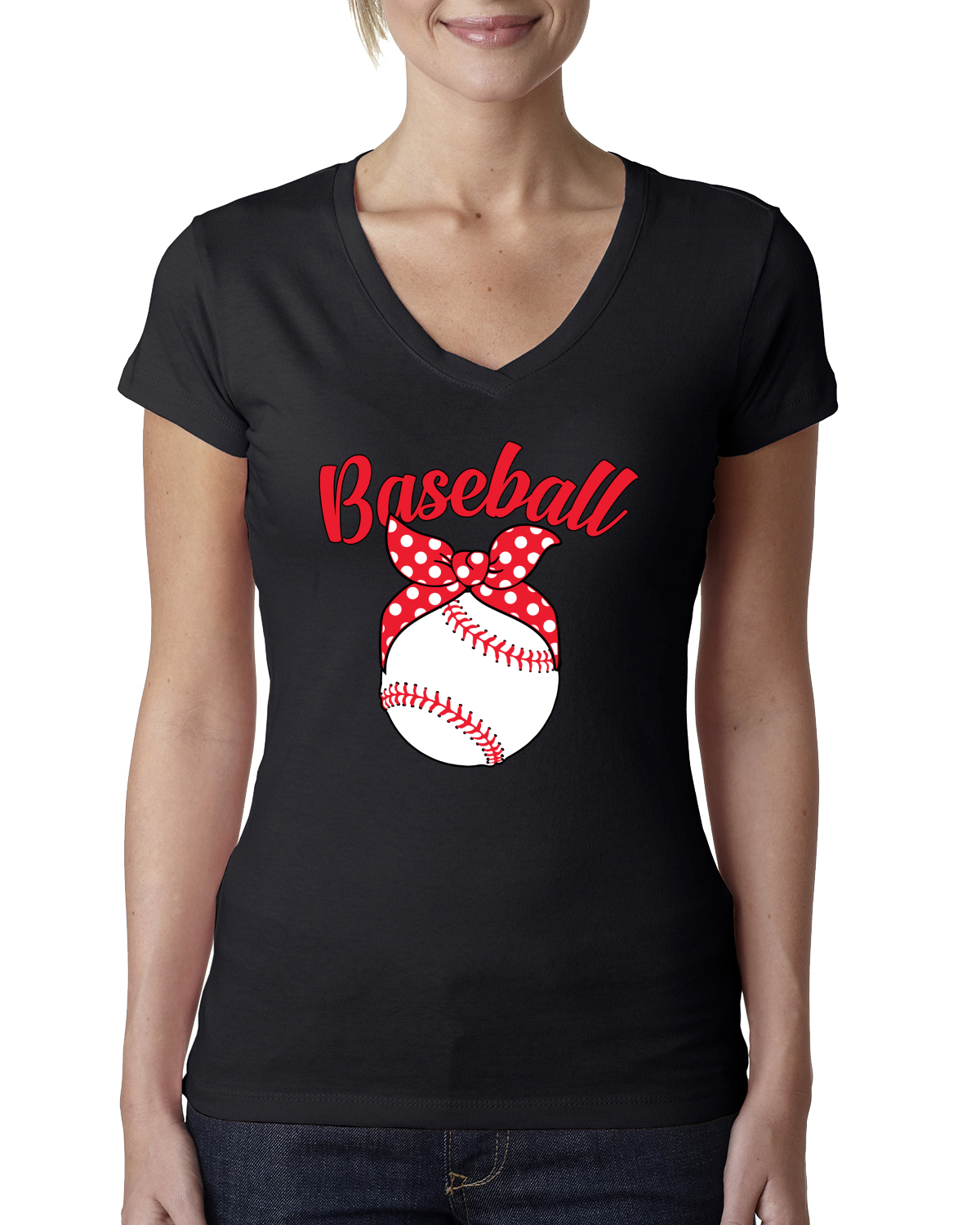Cute Baseball Mom Ribbon Gift Women Junior V-Neck Tee - Picture 3 of 10