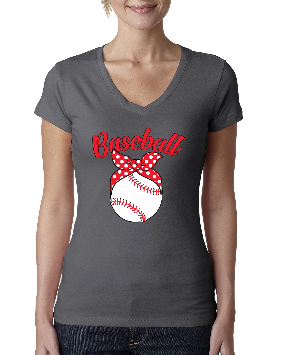 Cute Baseball Mom Ribbon Gift Women Junior V-Neck Tee - Picture 7 of 10