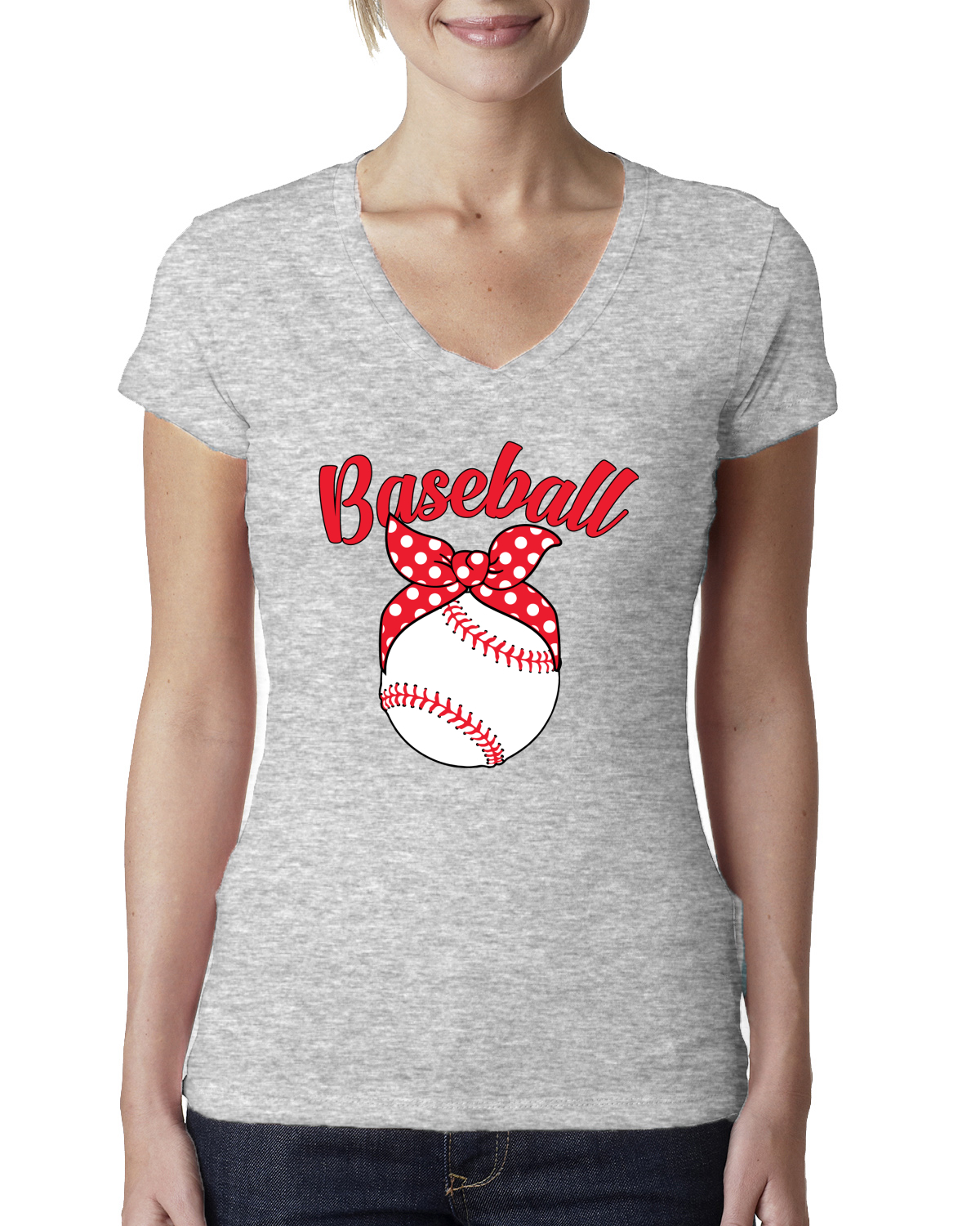 Cute Baseball Mom Ribbon Gift Women Junior V-Neck Tee - Picture 4 of 10