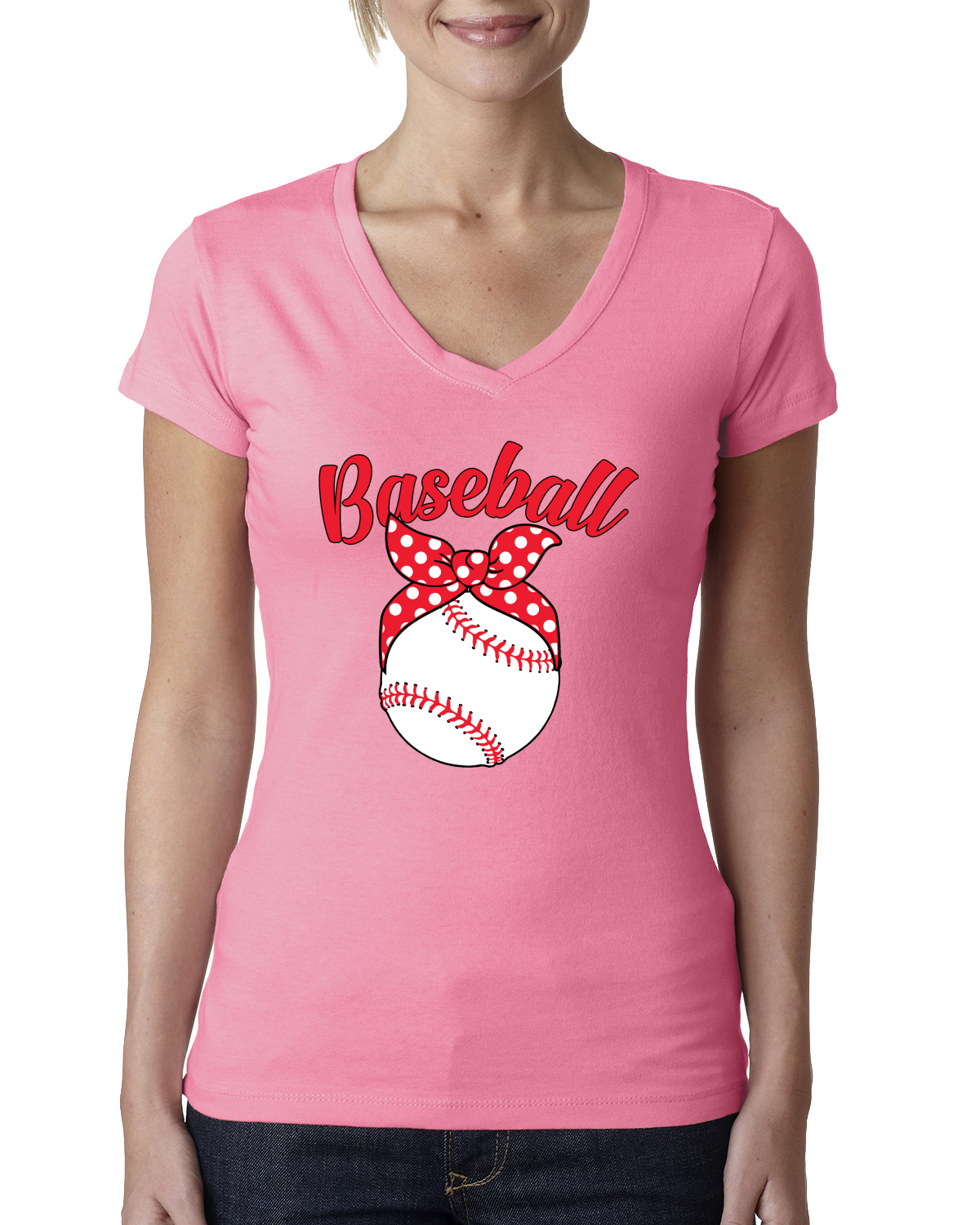 Cute Baseball Mom Ribbon Gift Women Junior V-Neck Tee - Picture 8 of 10