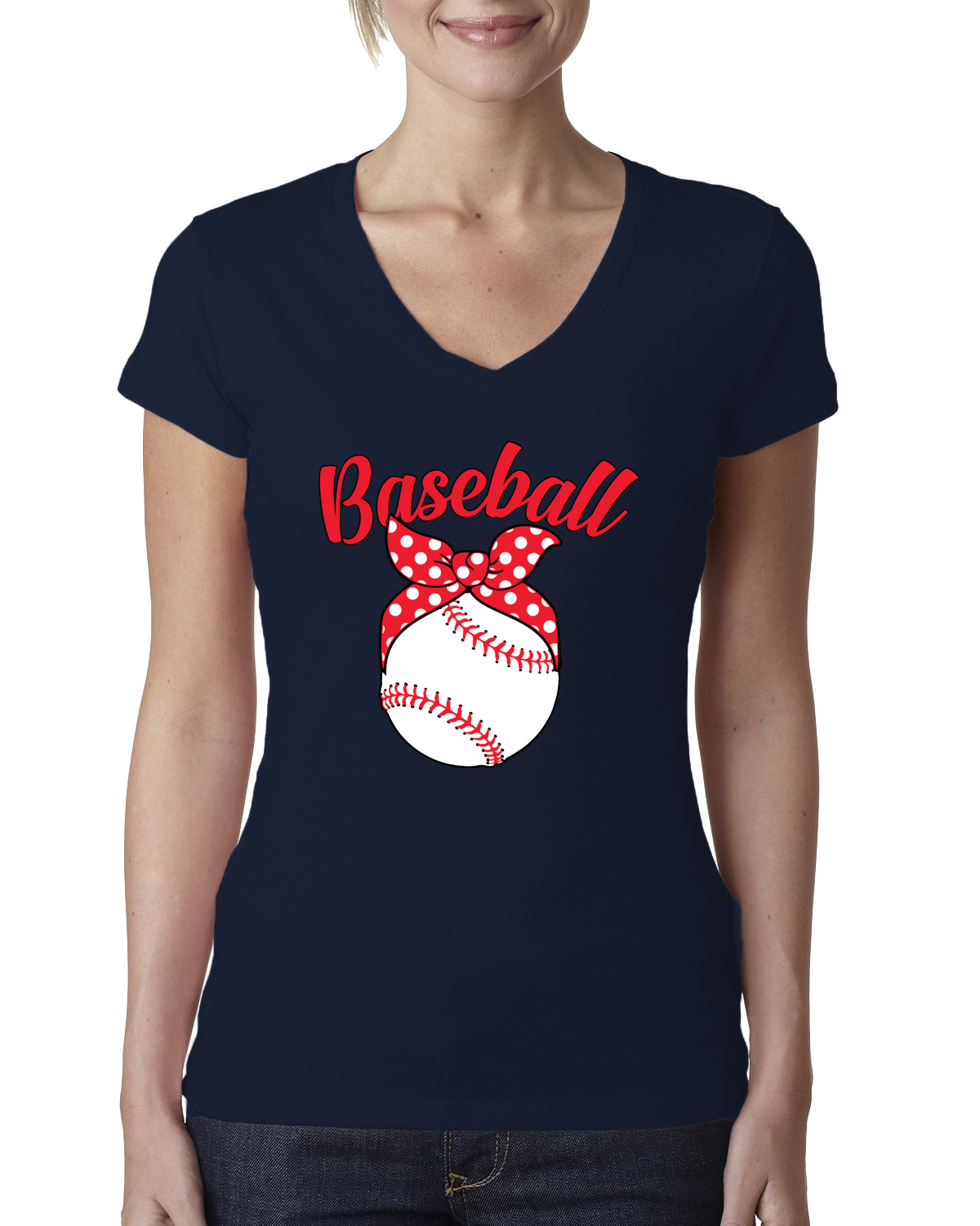 Cute Baseball Mom Ribbon Gift Women Junior V-Neck Tee - Picture 5 of 10