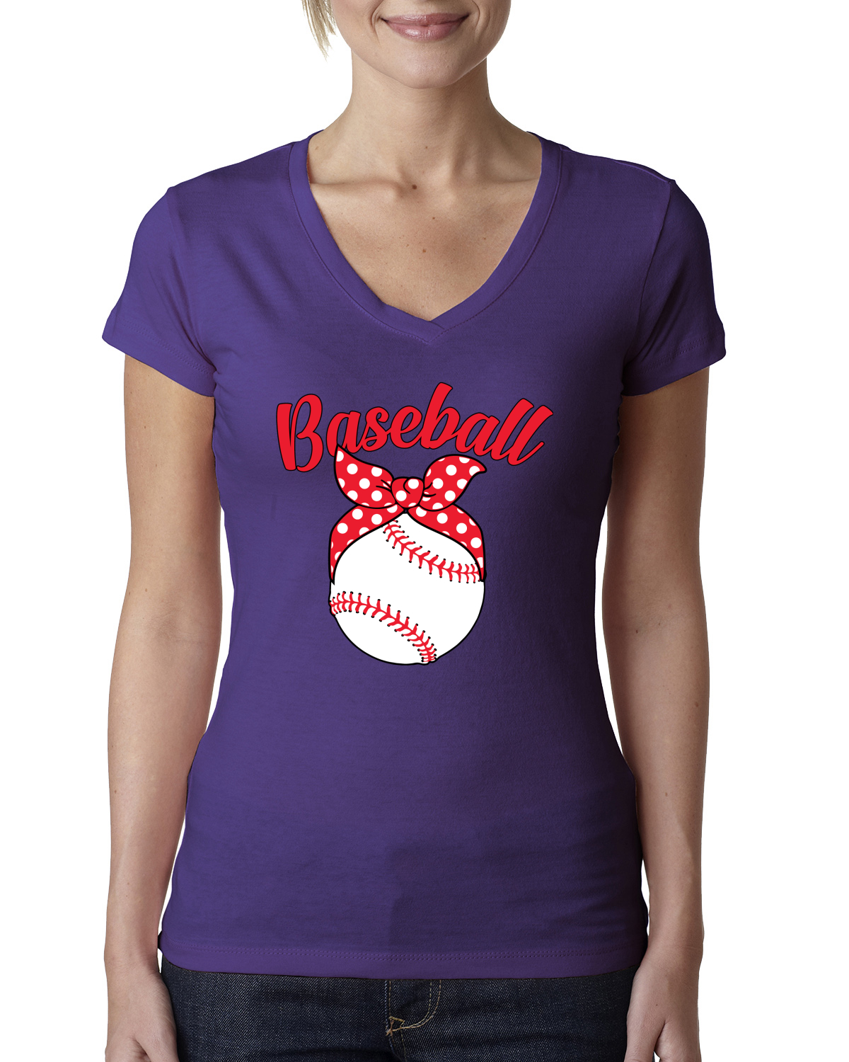 Cute Baseball Mom Ribbon Gift Women Junior V-Neck Tee - Picture 9 of 10