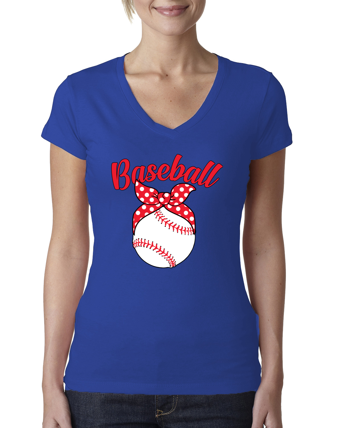Cute Baseball Mom Ribbon Gift Women Junior V-Neck Tee - Picture 6 of 10
