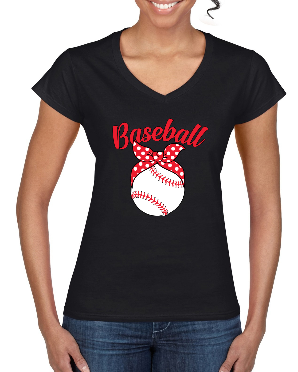 Cute Baseball Mom Ribbon Gift Women Standard V-Neck Tee - Picture 3 of 6