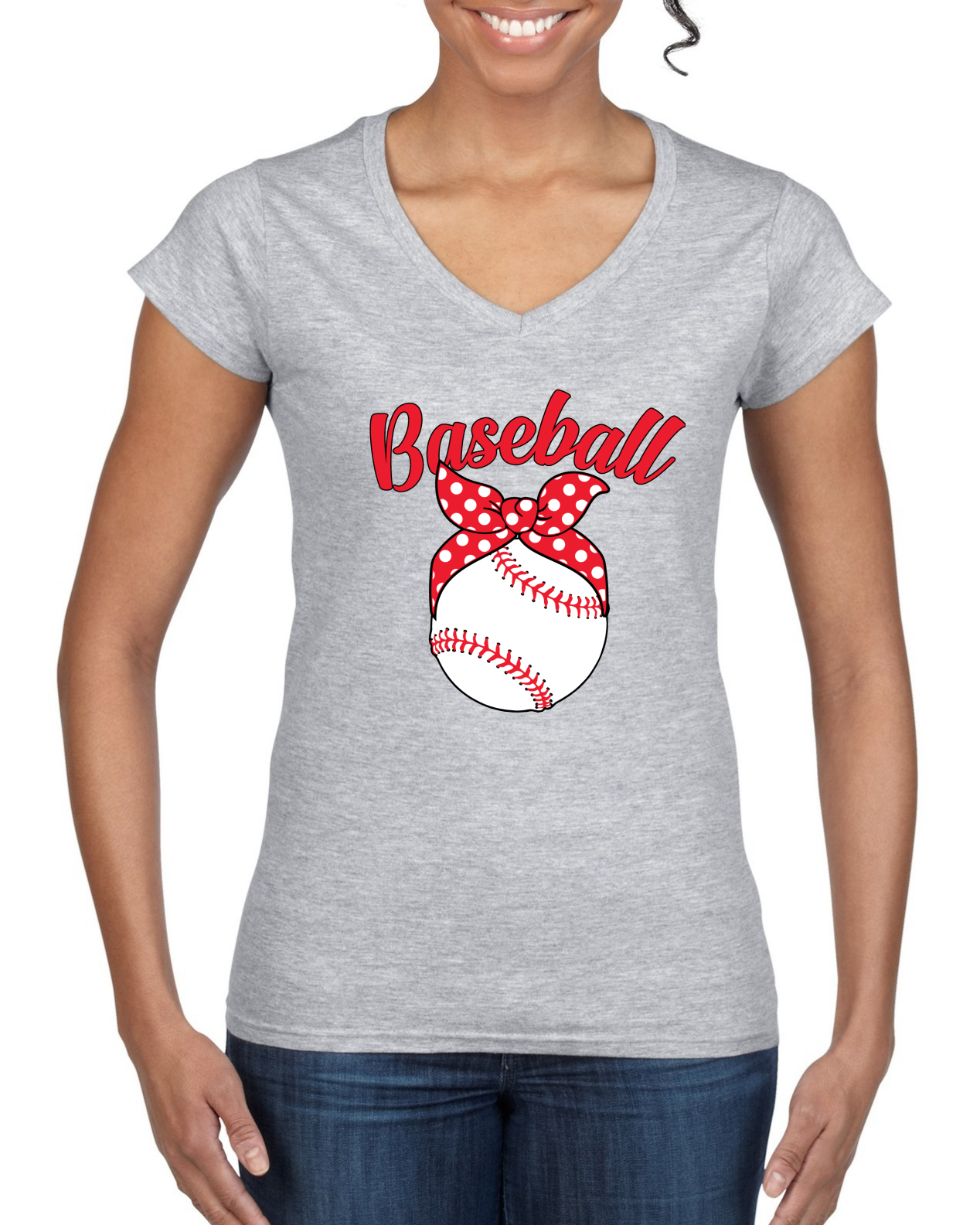 Cute Baseball Mom Ribbon Gift Women Standard V-Neck Tee - Picture 4 of 6