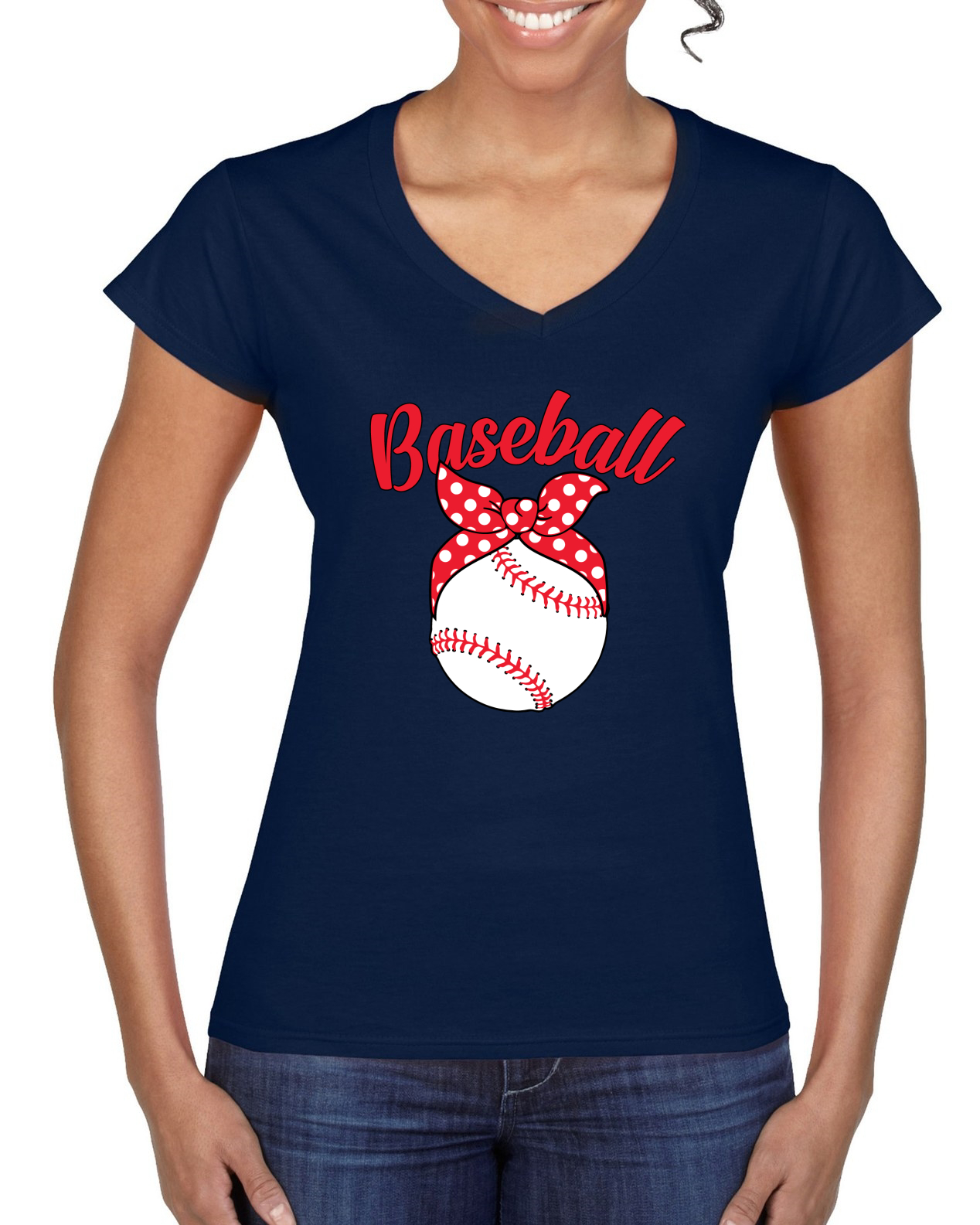 Cute Baseball Mom Ribbon Gift Women Standard V-Neck Tee - Picture 5 of 6