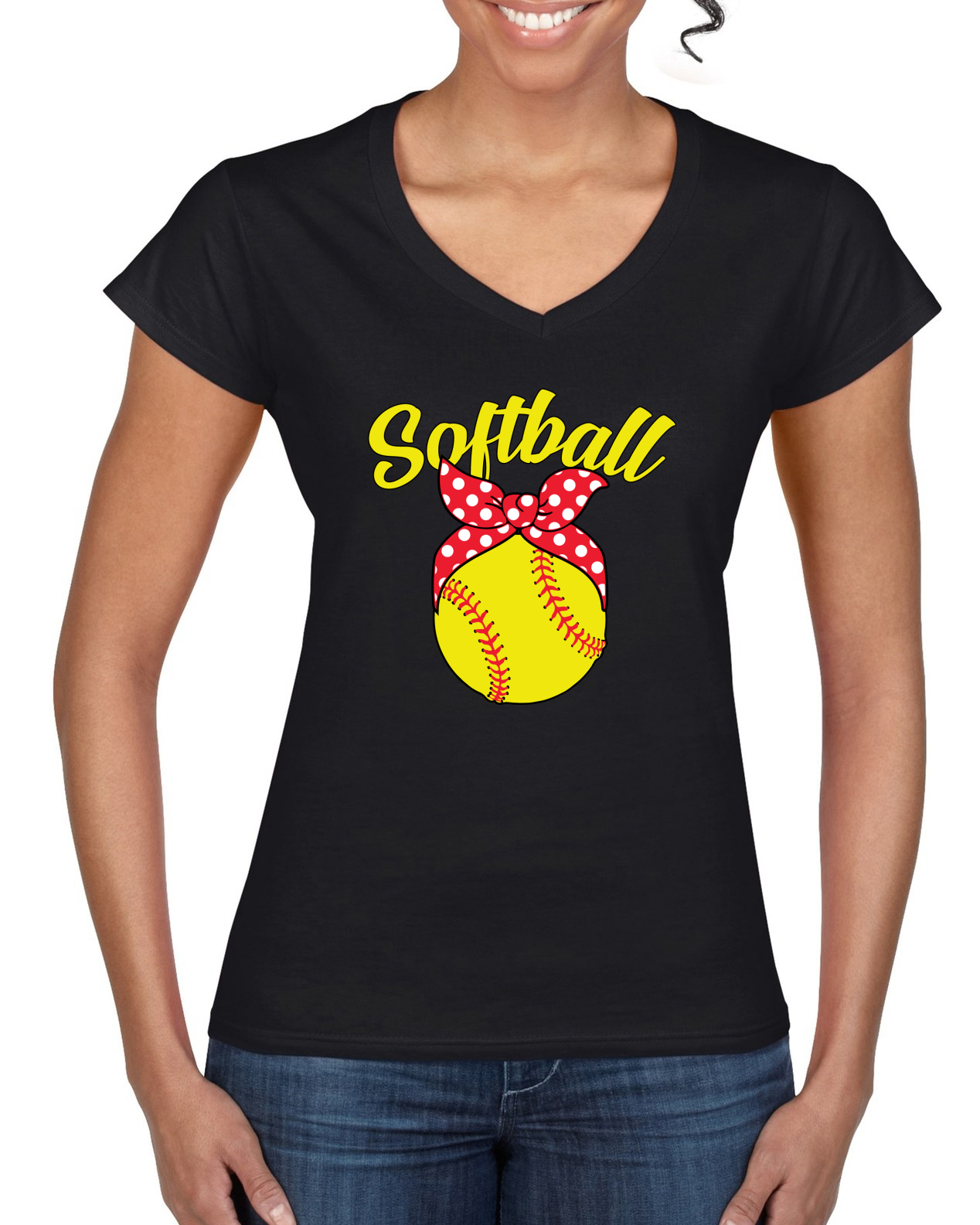 Cute Ribbon Bow Softball Mom Gift Women Standard V-Neck Tee - Picture 3 of 6