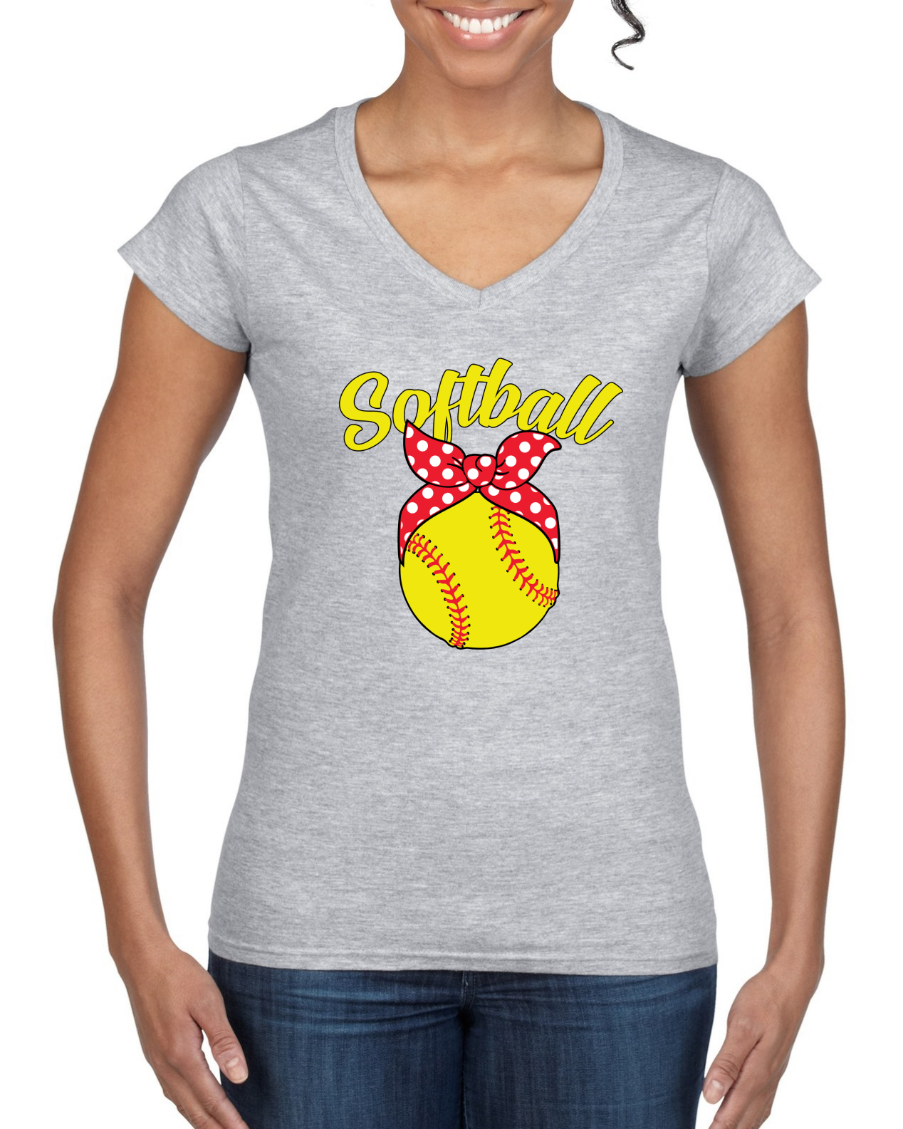 Cute Ribbon Bow Softball Mom Gift Women Standard V-Neck Tee - Picture 4 of 6