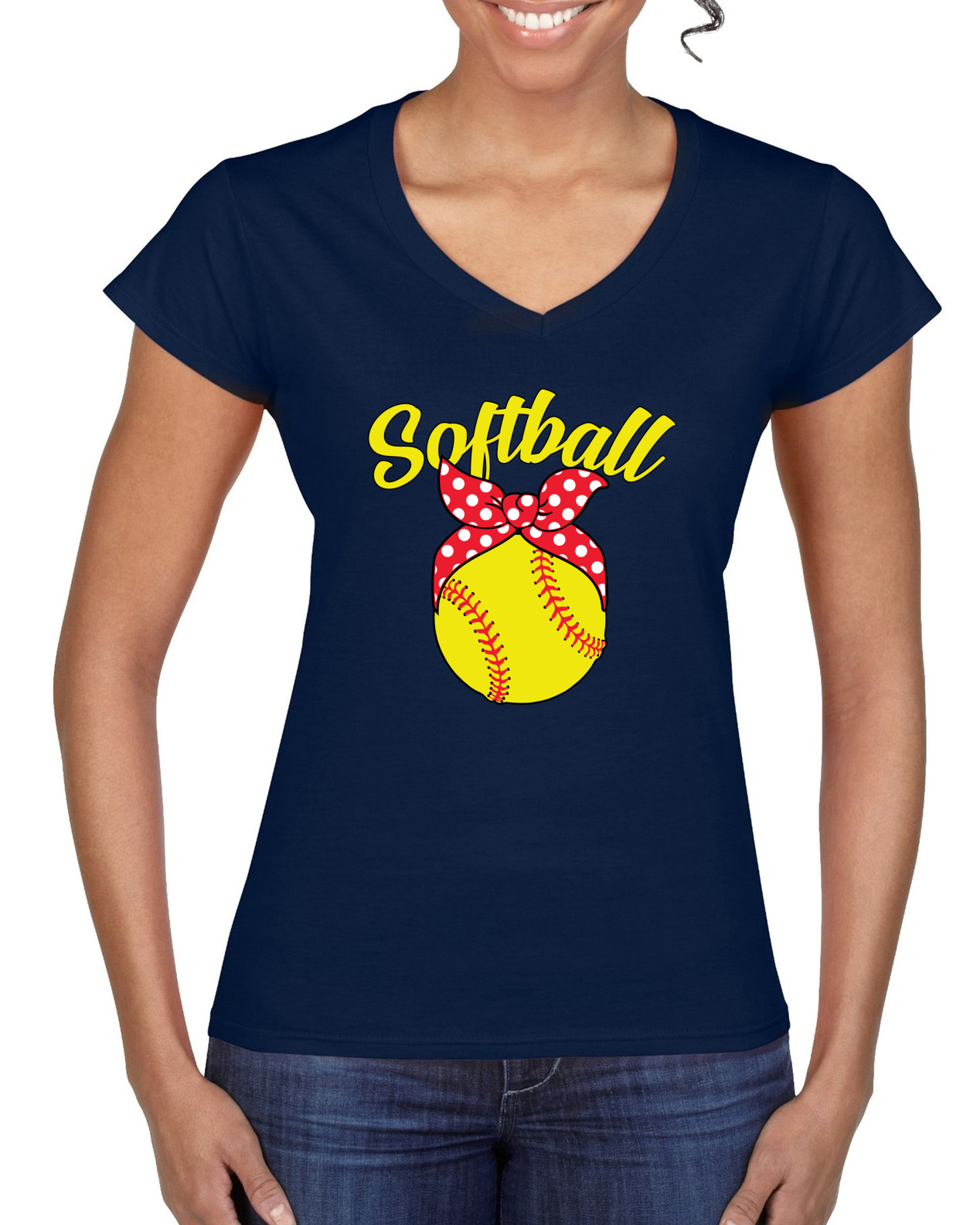 Cute Ribbon Bow Softball Mom Gift Women Standard V-Neck Tee - Picture 5 of 6