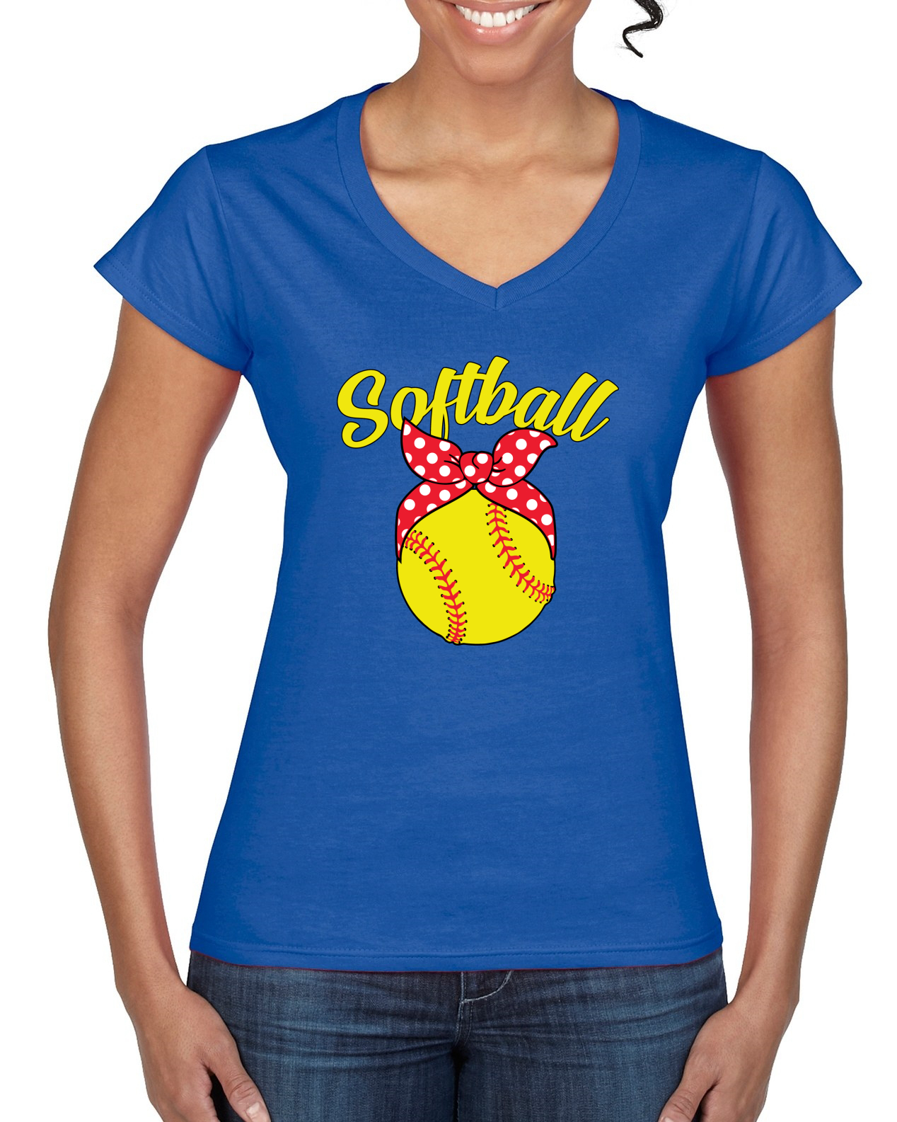 Cute Ribbon Bow Softball Mom Gift Women Standard V-Neck Tee - Picture 6 of 6