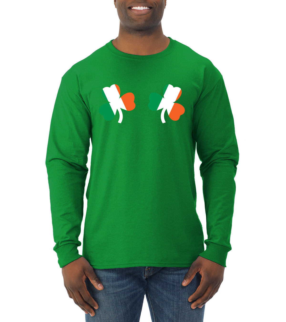 Irish Flag Shamrocks Breasts St. Patricks Day Men Long Sleeve Shirt - Picture 8 of 17