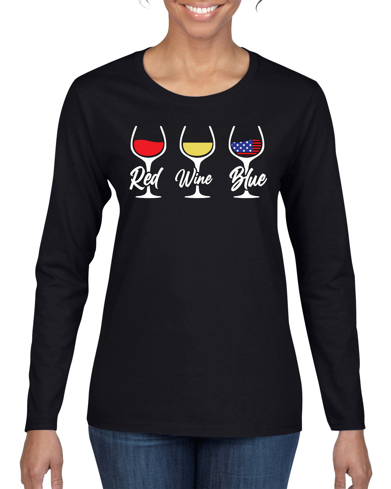 American Flag Red Wine Blue American Pride Womens Graphic Long Sleeve T-Shirt