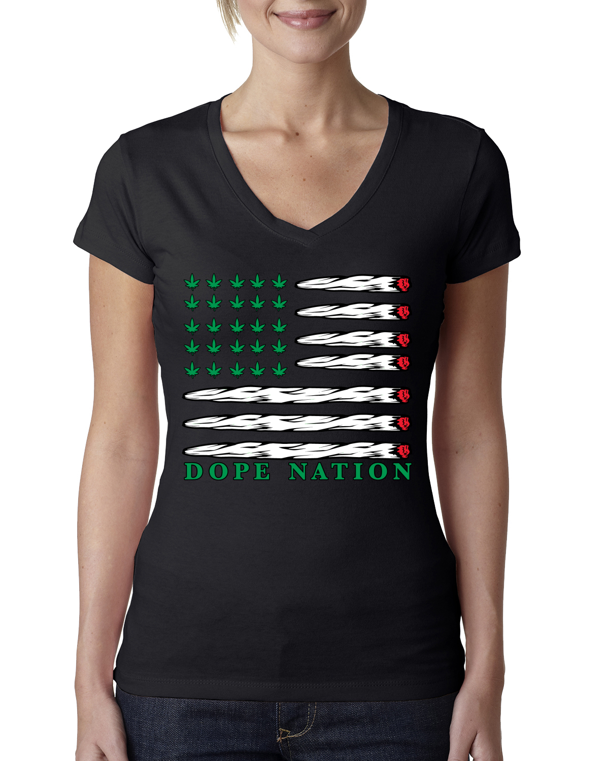 Camiseta Dope Nation Flag Mary Jane Fumar Hierba Mujeres Calce Junior Cuello en V - Imagen 3 de 5
