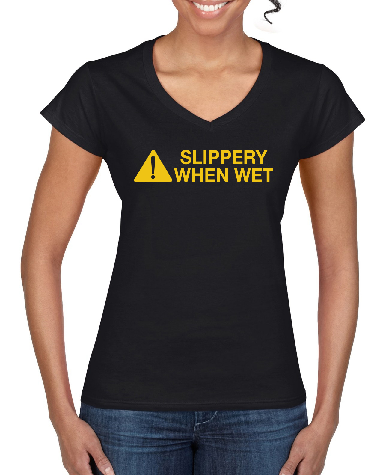 Caution! Slippery When Wet Women Junior VNeck Tee