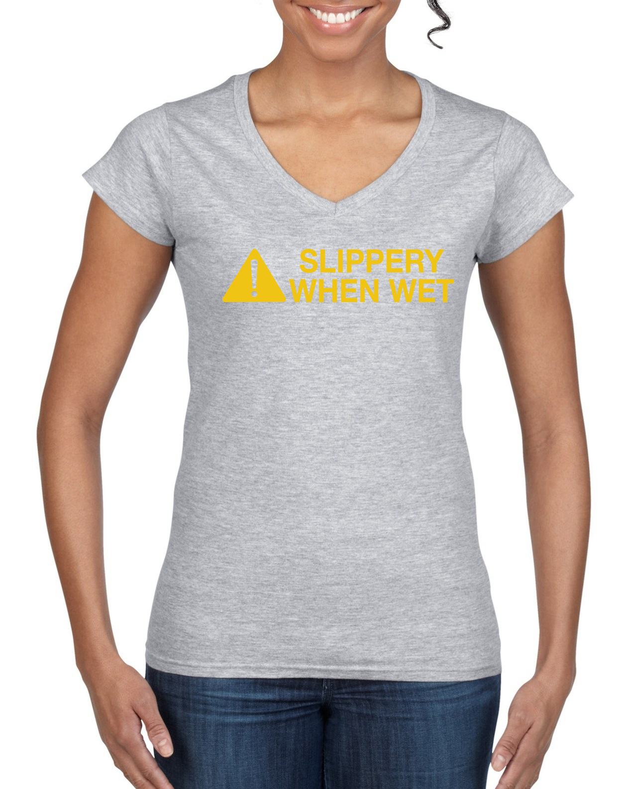 Caution! Slippery When Wet Women Junior VNeck Tee