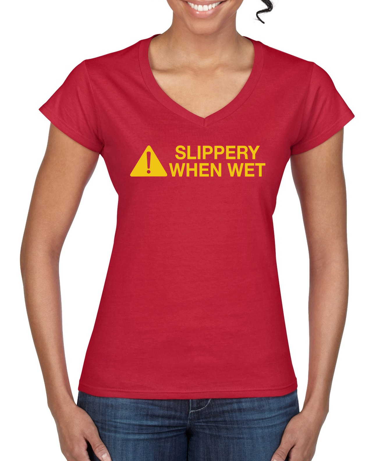 Caution! Slippery When Wet Women Junior VNeck Tee