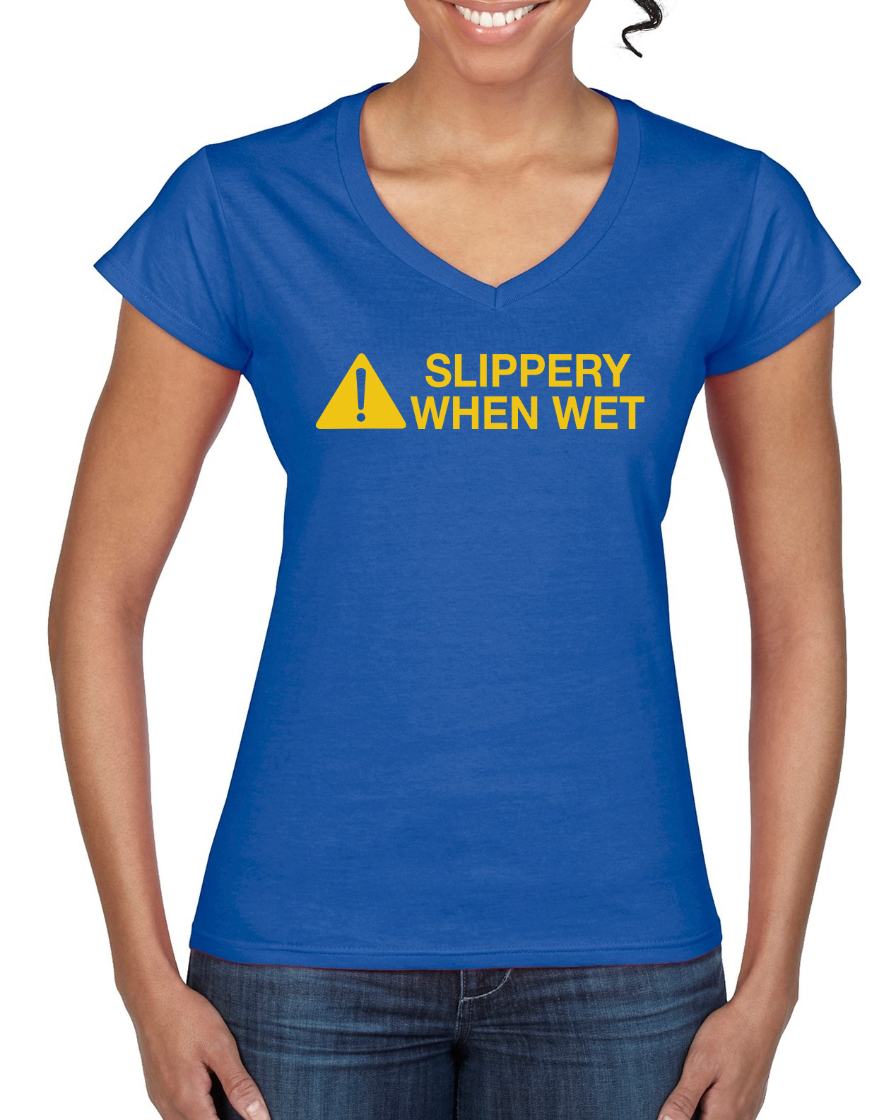 Caution! Slippery When Wet Women Junior VNeck Tee