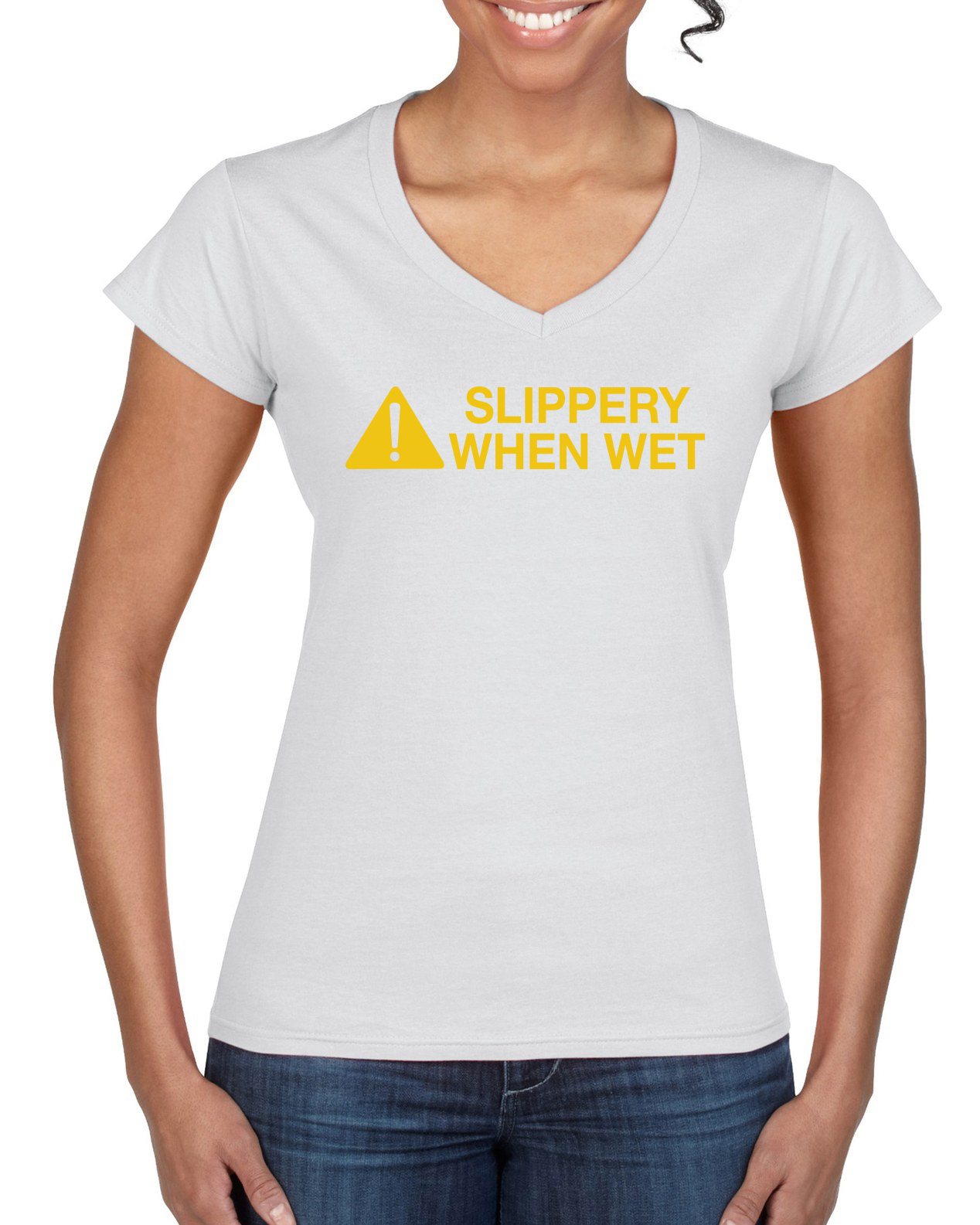 Caution! Slippery When Wet Women Junior VNeck Tee