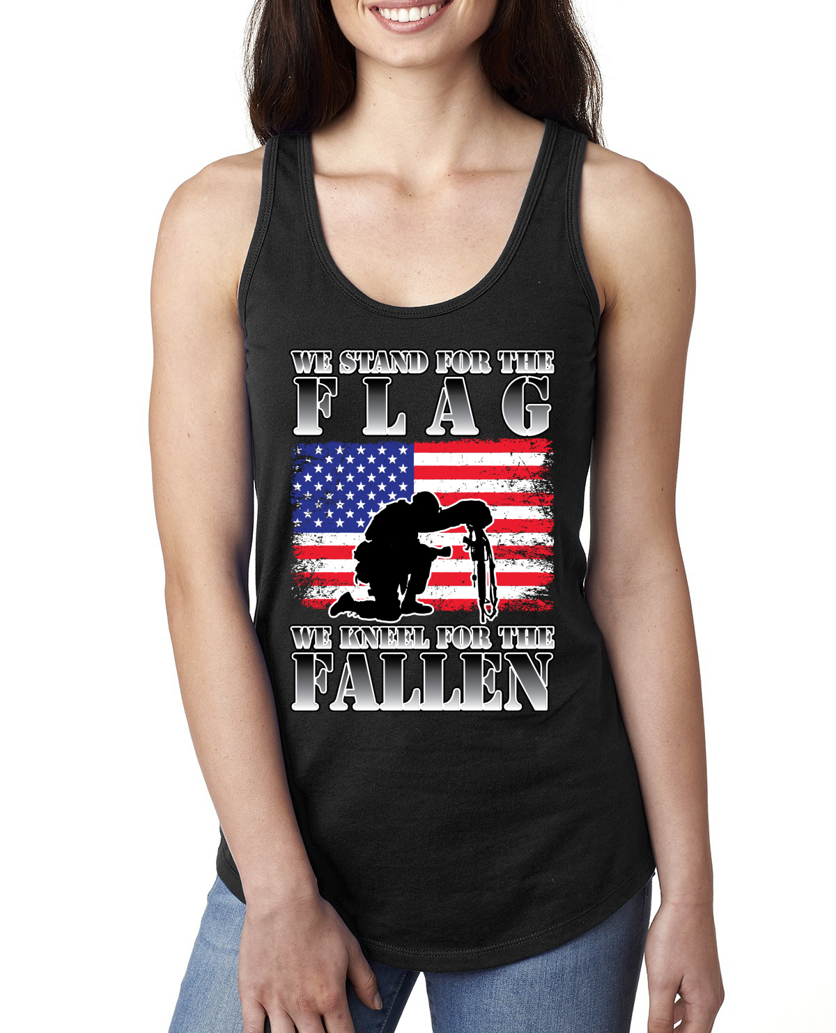 We Stand For The Flag We Kneel For The Fallen Ladies Racerback Tank Top - Picture 3 of 7
