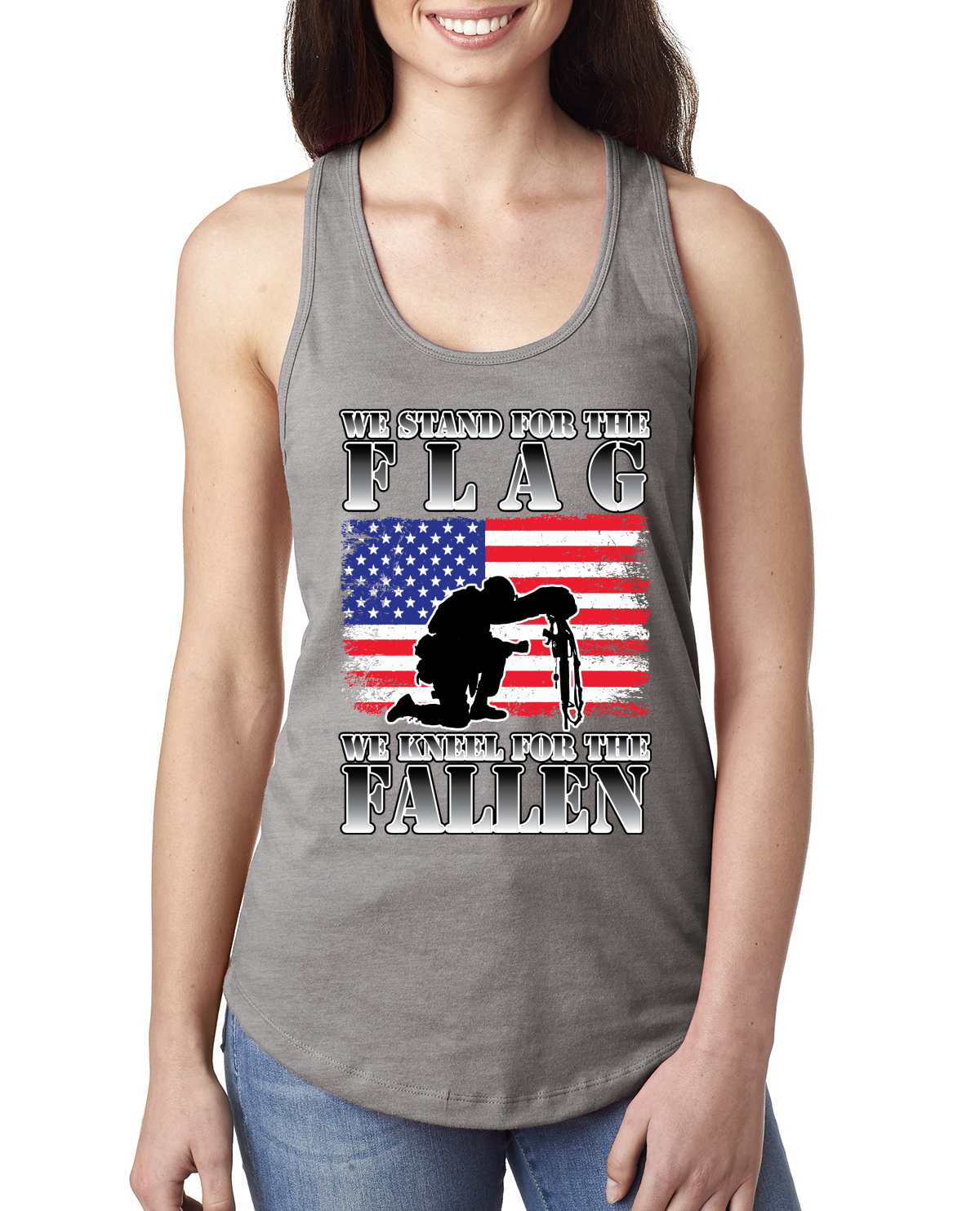We Stand For The Flag We Kneel For The Fallen Ladies Racerback Tank Top - Picture 4 of 7