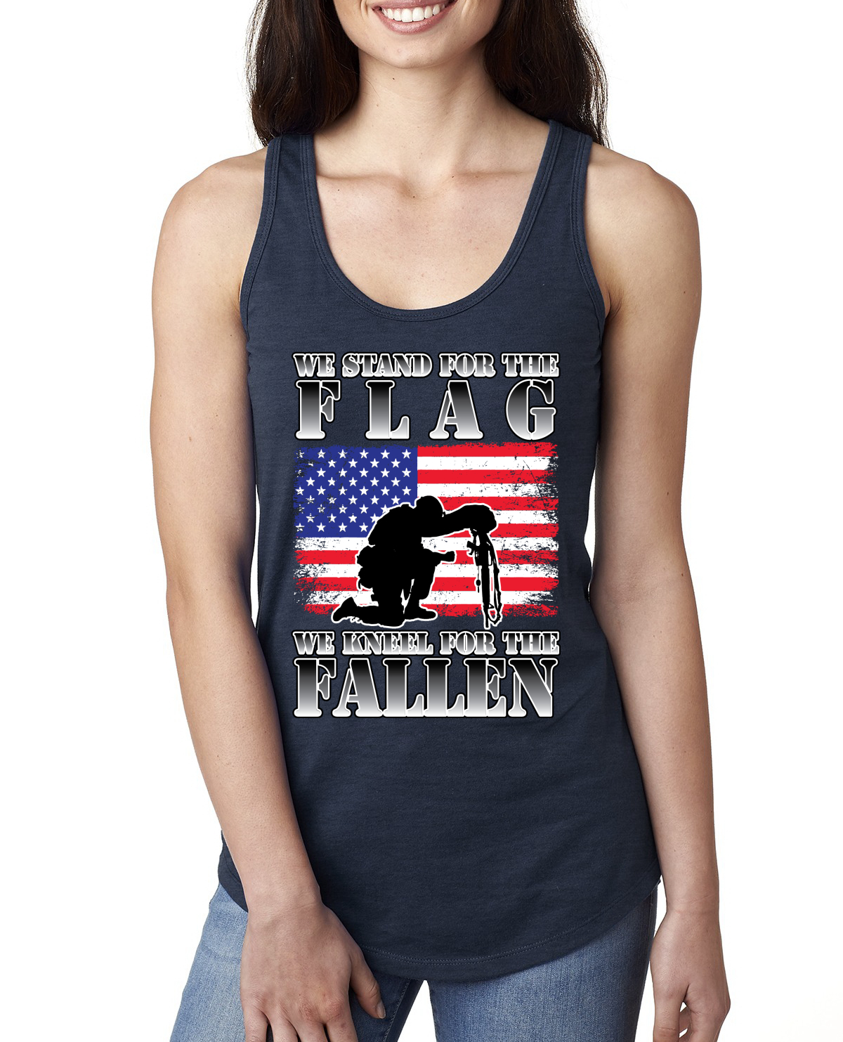 We Stand For The Flag We Kneel For The Fallen Ladies Racerback Tank Top - Picture 5 of 7