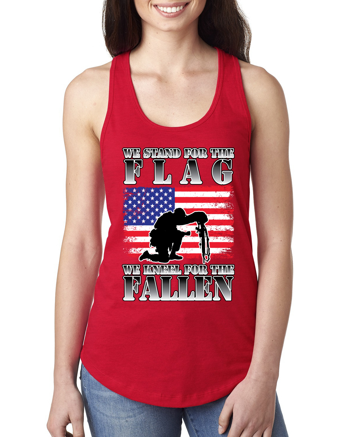 We Stand For The Flag We Kneel For The Fallen Ladies Racerback Tank Top - Picture 6 of 7