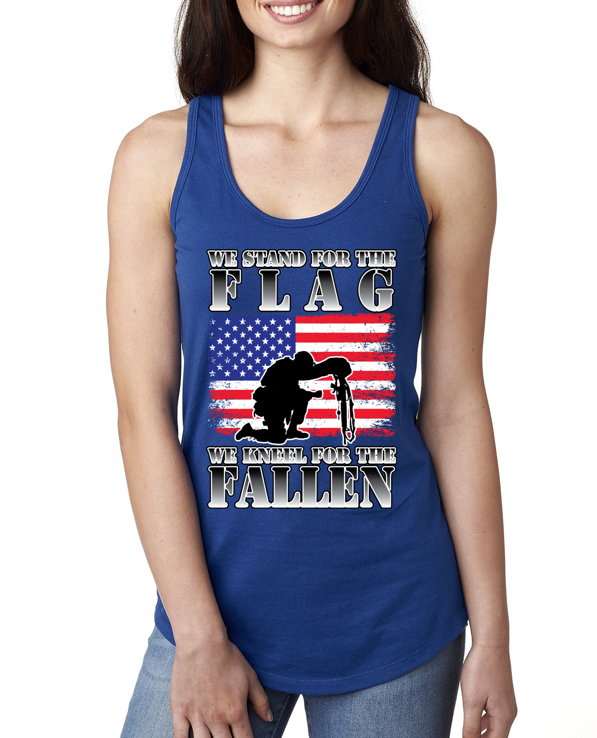 We Stand For The Flag We Kneel For The Fallen Ladies Racerback Tank Top - Picture 7 of 7
