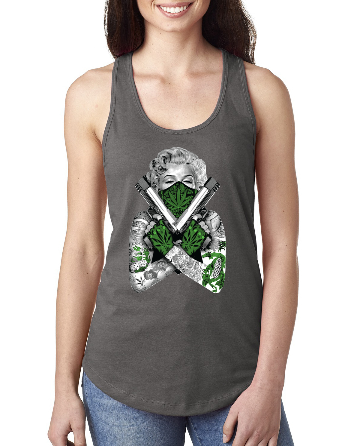 Camiseta sin mangas Marilyn Monroe marihuana dos armas mujer Racerback - Imagen 11 de 16
