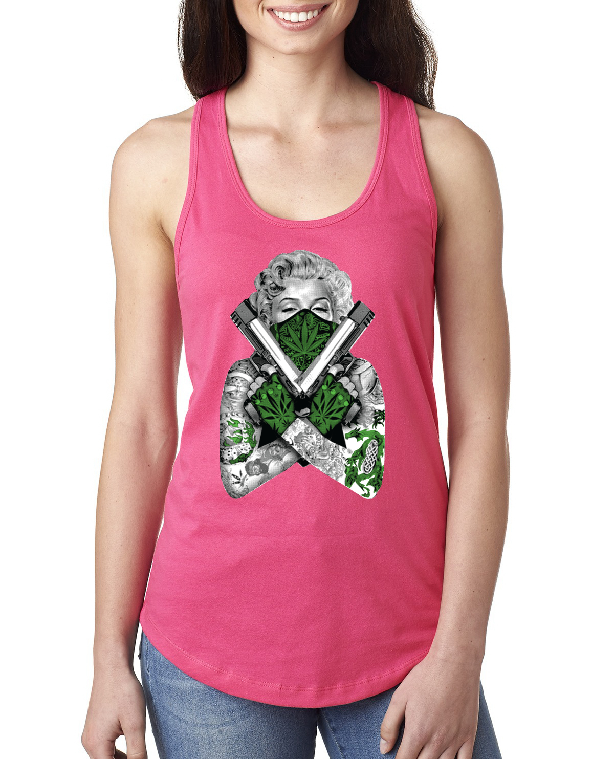 Camiseta sin mangas Marilyn Monroe marihuana dos armas mujer Racerback - Imagen 12 de 16