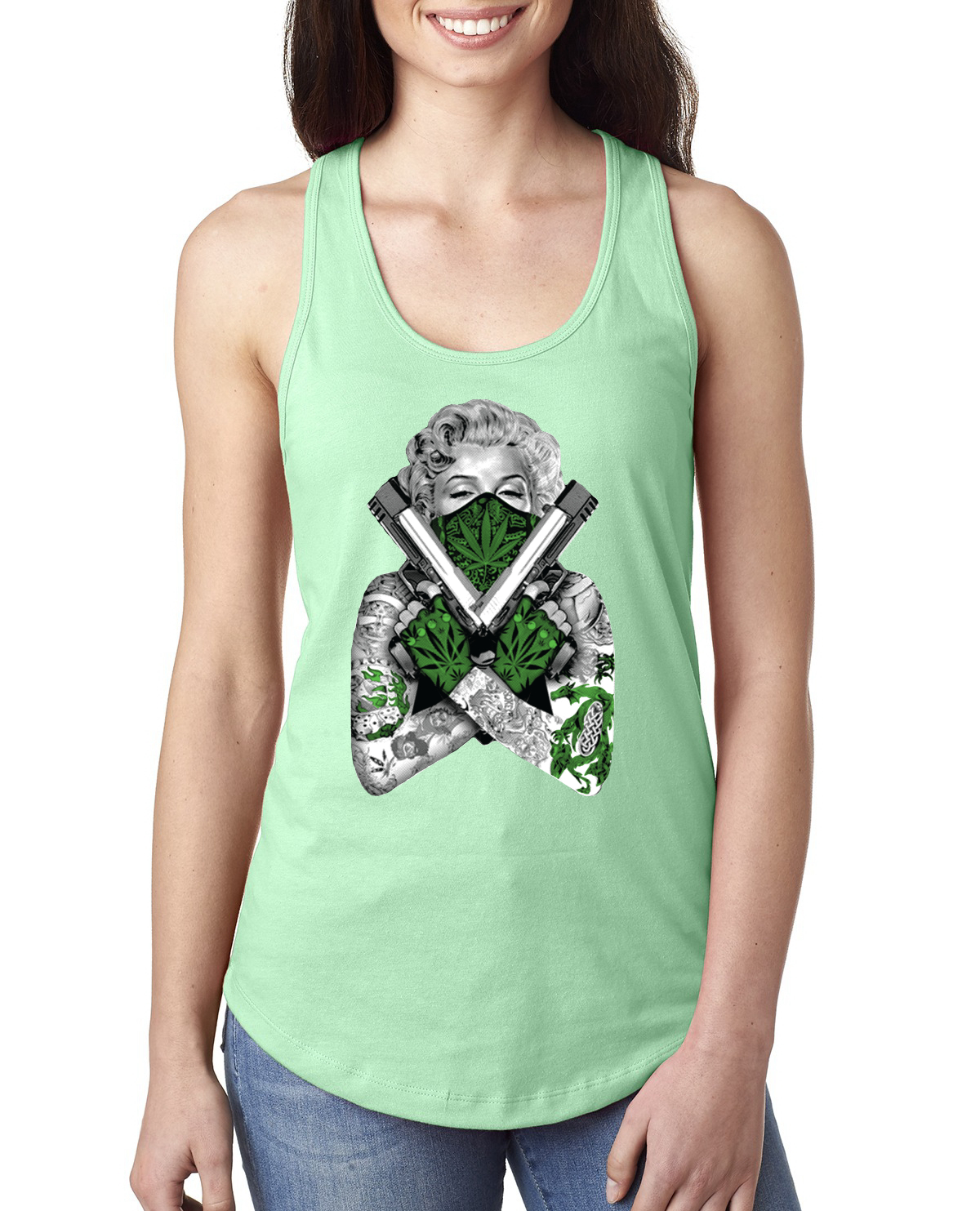 Camiseta sin mangas Marilyn Monroe marihuana dos armas mujer Racerback - Imagen 16 de 16