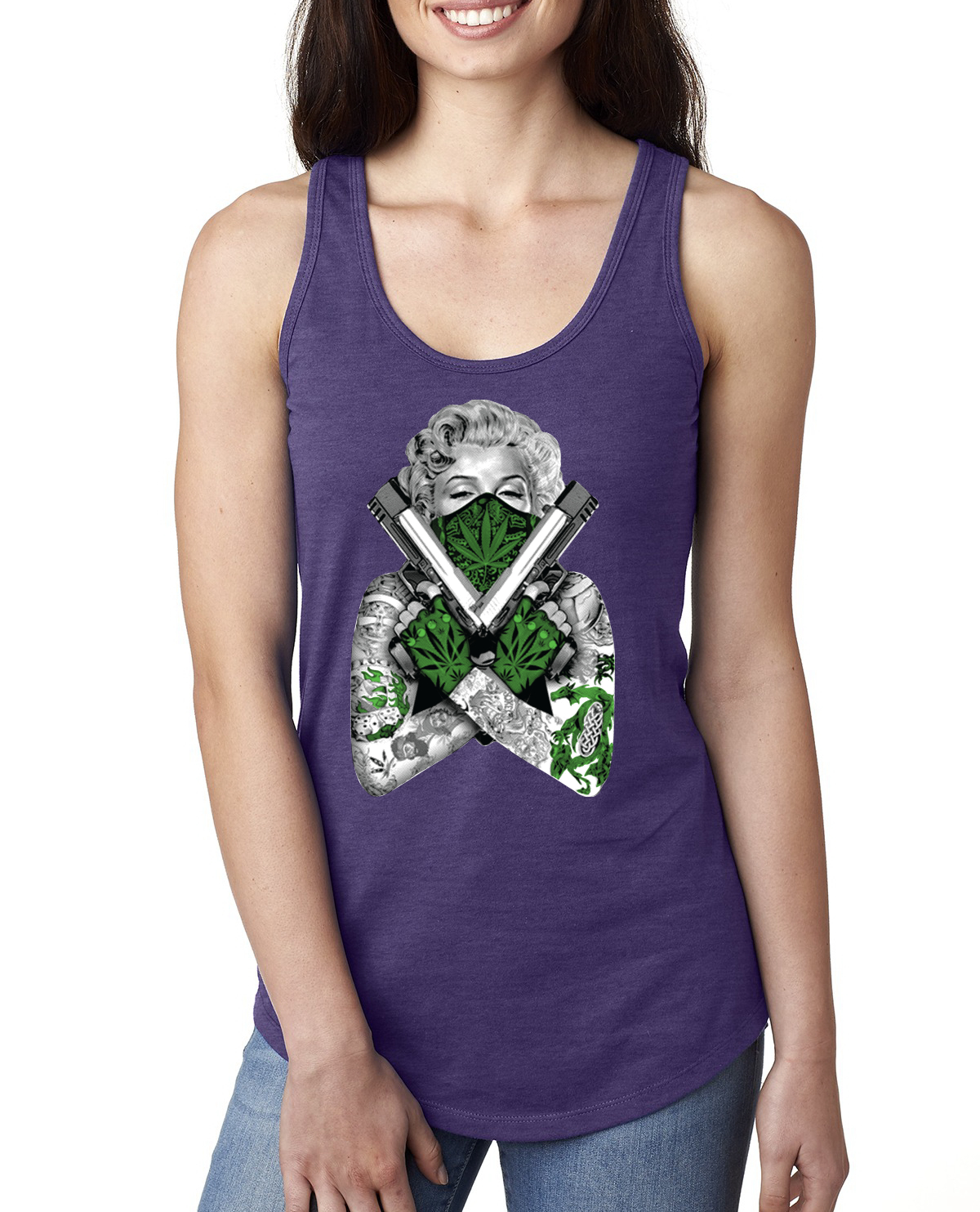 Camiseta sin mangas Marilyn Monroe marihuana dos armas mujer Racerback - Imagen 13 de 16